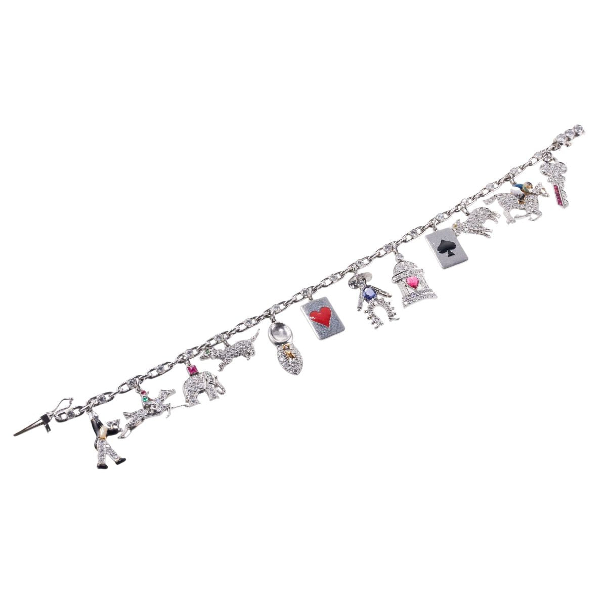 Platinum Diamond Enamel Gemstone Charm Bracelet