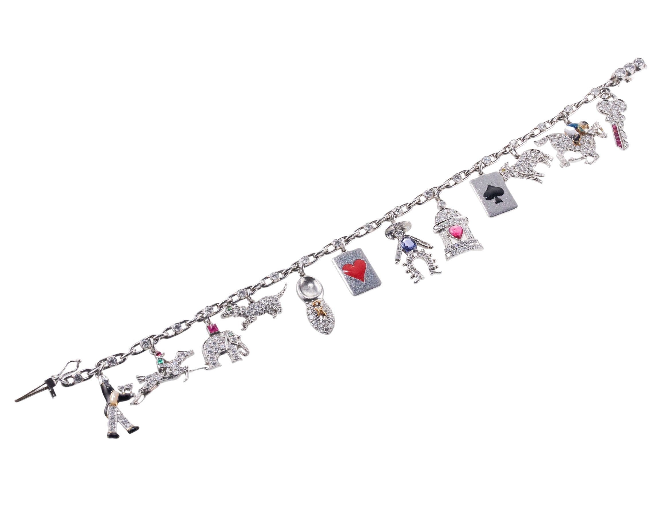 Platinum Diamond Enamel Gemstone Charm Bracelet