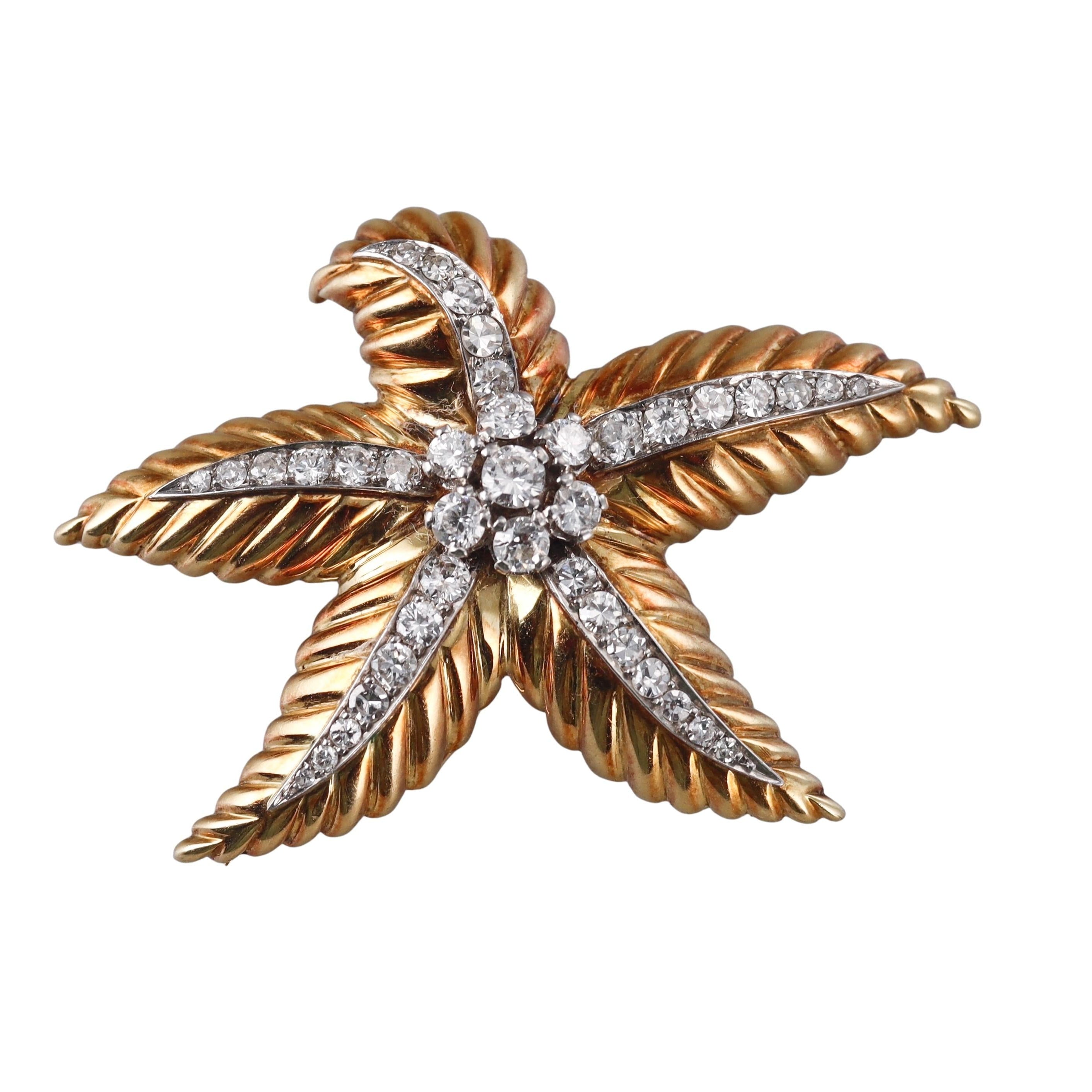 1960s Gold Diamond Starfish Brooch Pin