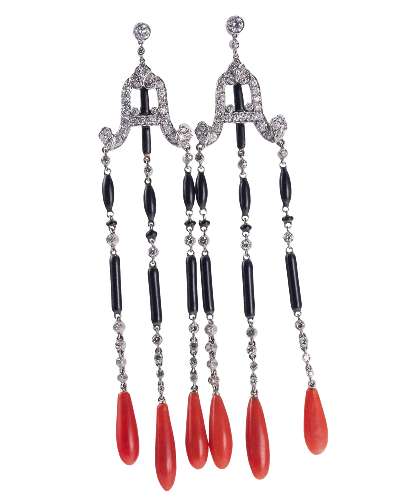 Platinum Diamond Coral Onyx Drop Earrings