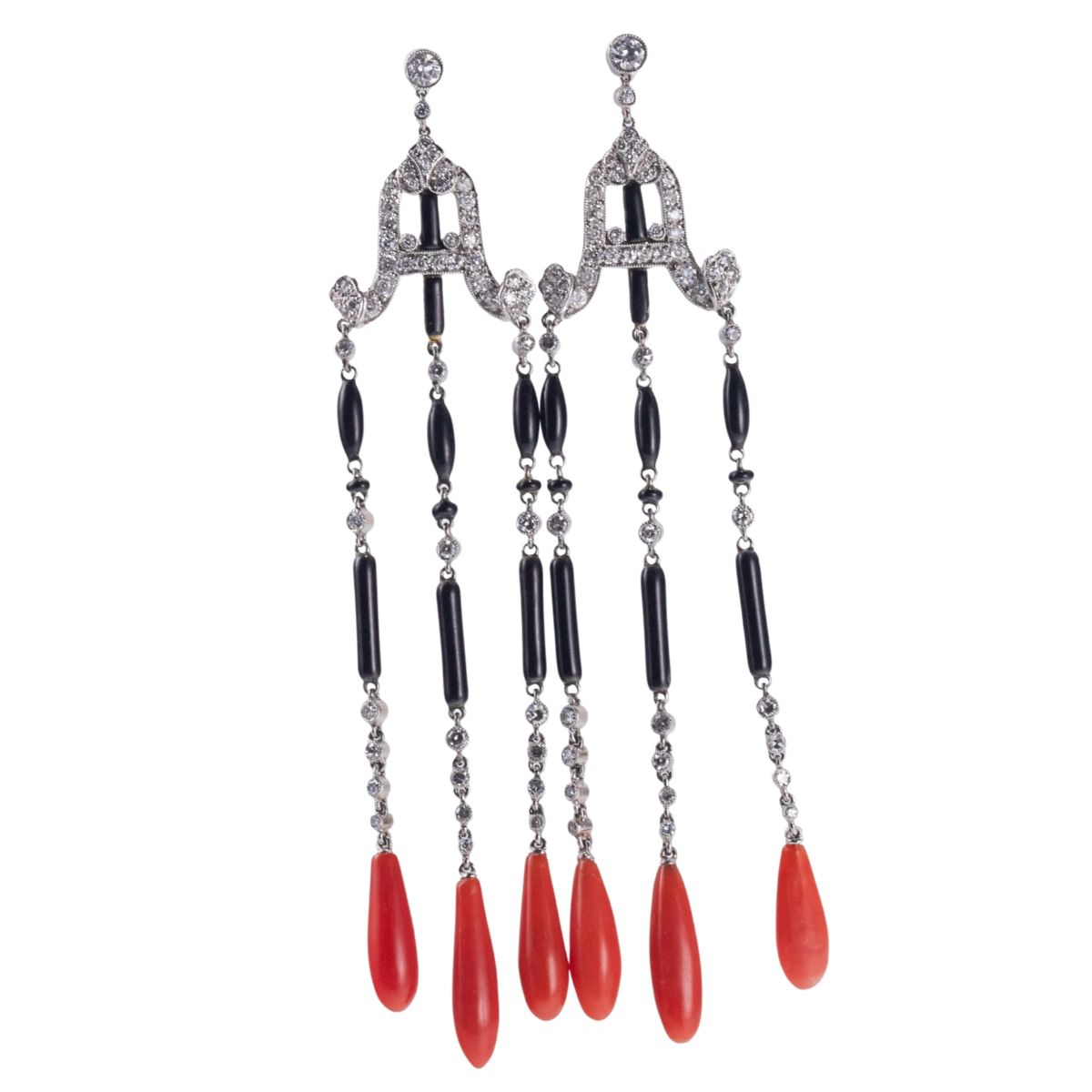Platinum Diamond Coral Onyx Drop Earrings