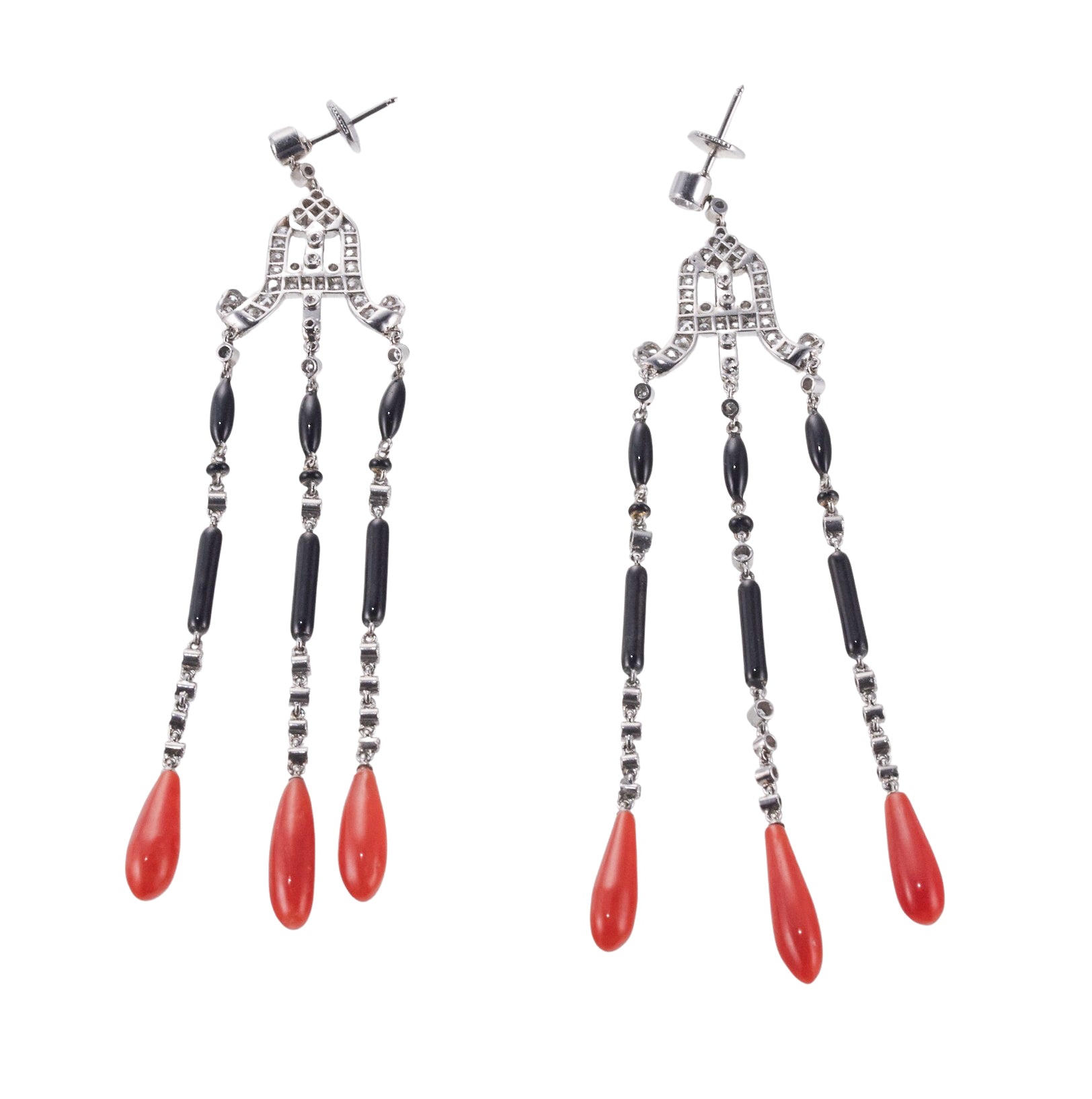 Platinum Diamond Coral Onyx Drop Earrings