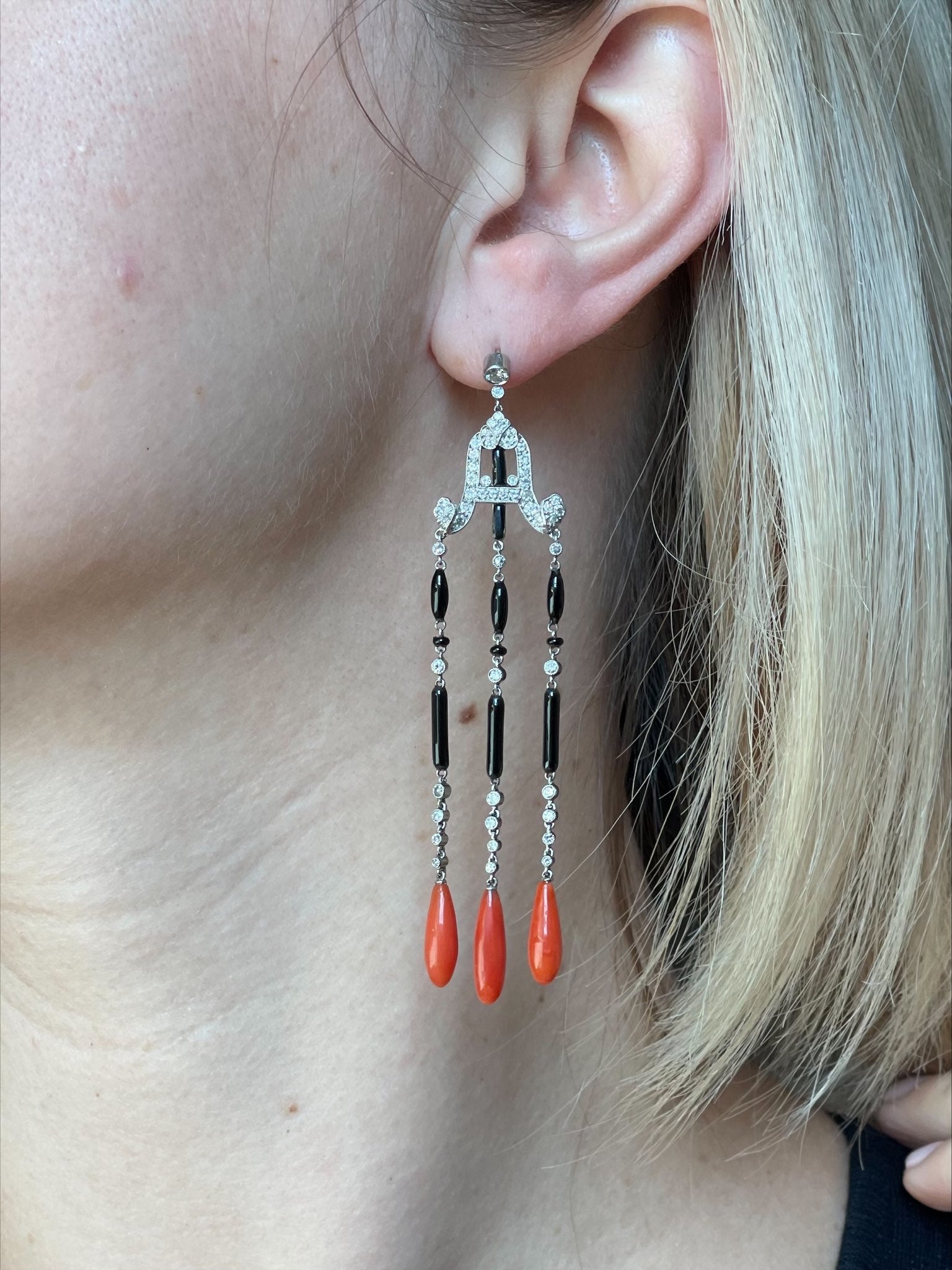 Platinum Diamond Coral Onyx Drop Earrings