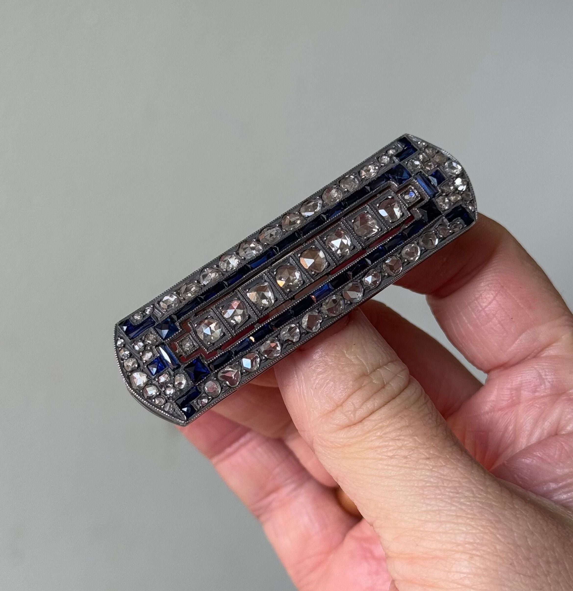 Antique Silver Gold Rose Cut Diamond Sapphire Brooch Pin