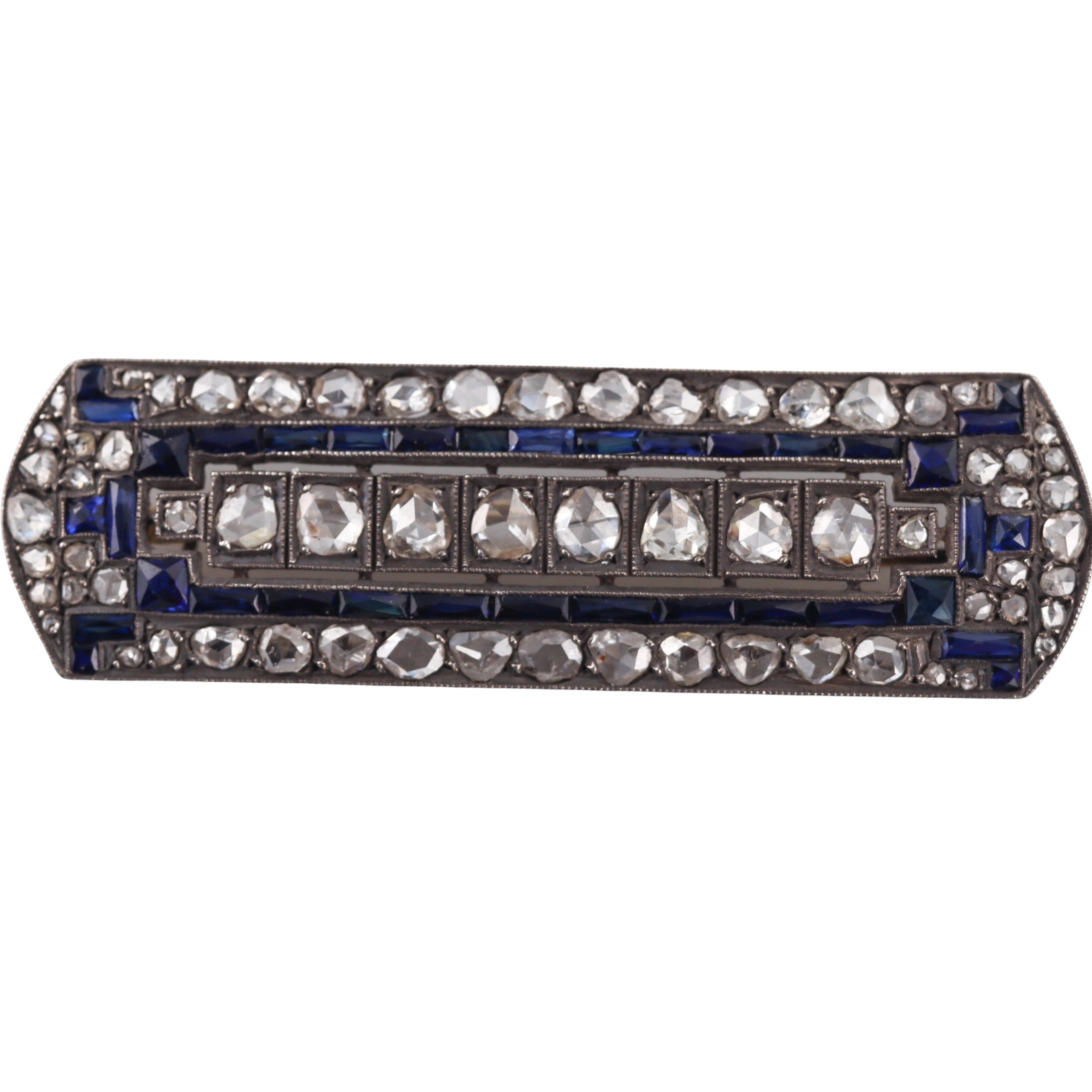 Antique Silver Gold Rose Cut Diamond Sapphire Brooch Pin