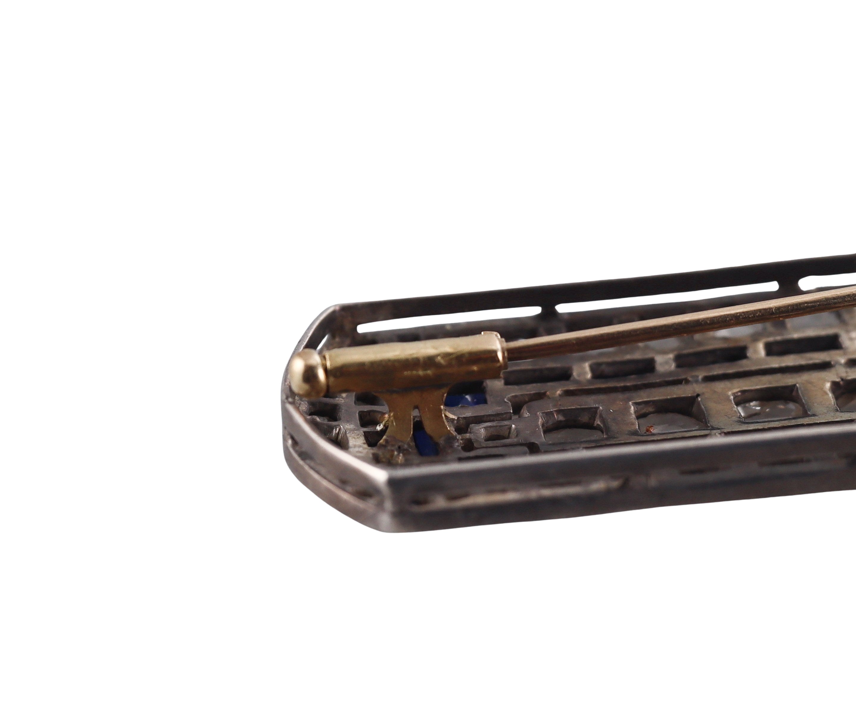 Antique Silver Gold Rose Cut Diamond Sapphire Brooch Pin