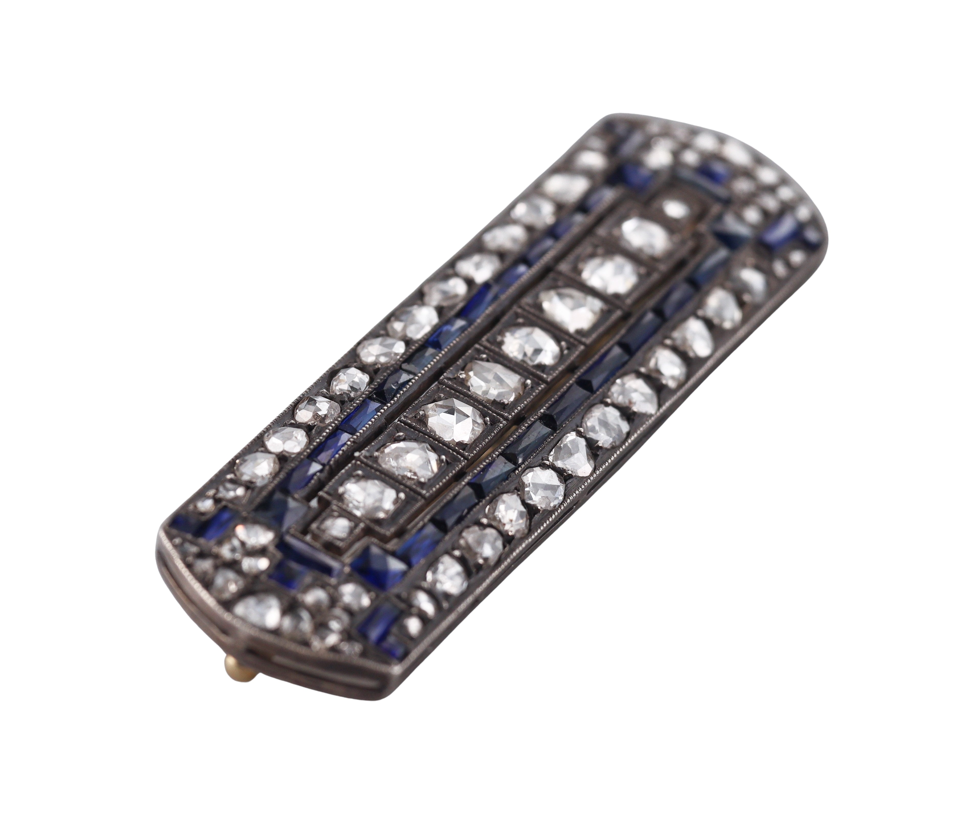 Antique Silver Gold Rose Cut Diamond Sapphire Brooch Pin