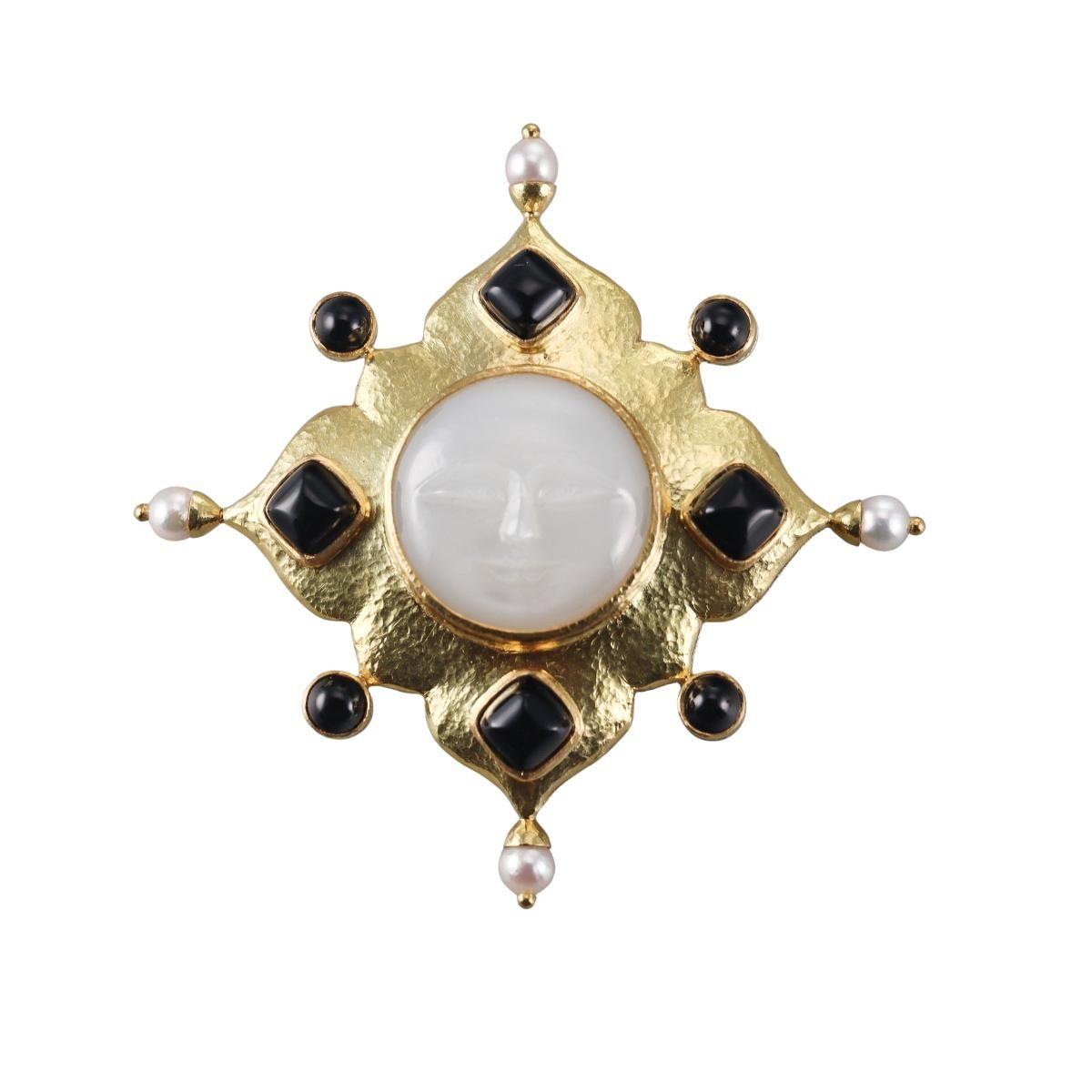 Elizabeth Locke Gold Moonstone Onyx Pearl Moon Face Brooch Pin