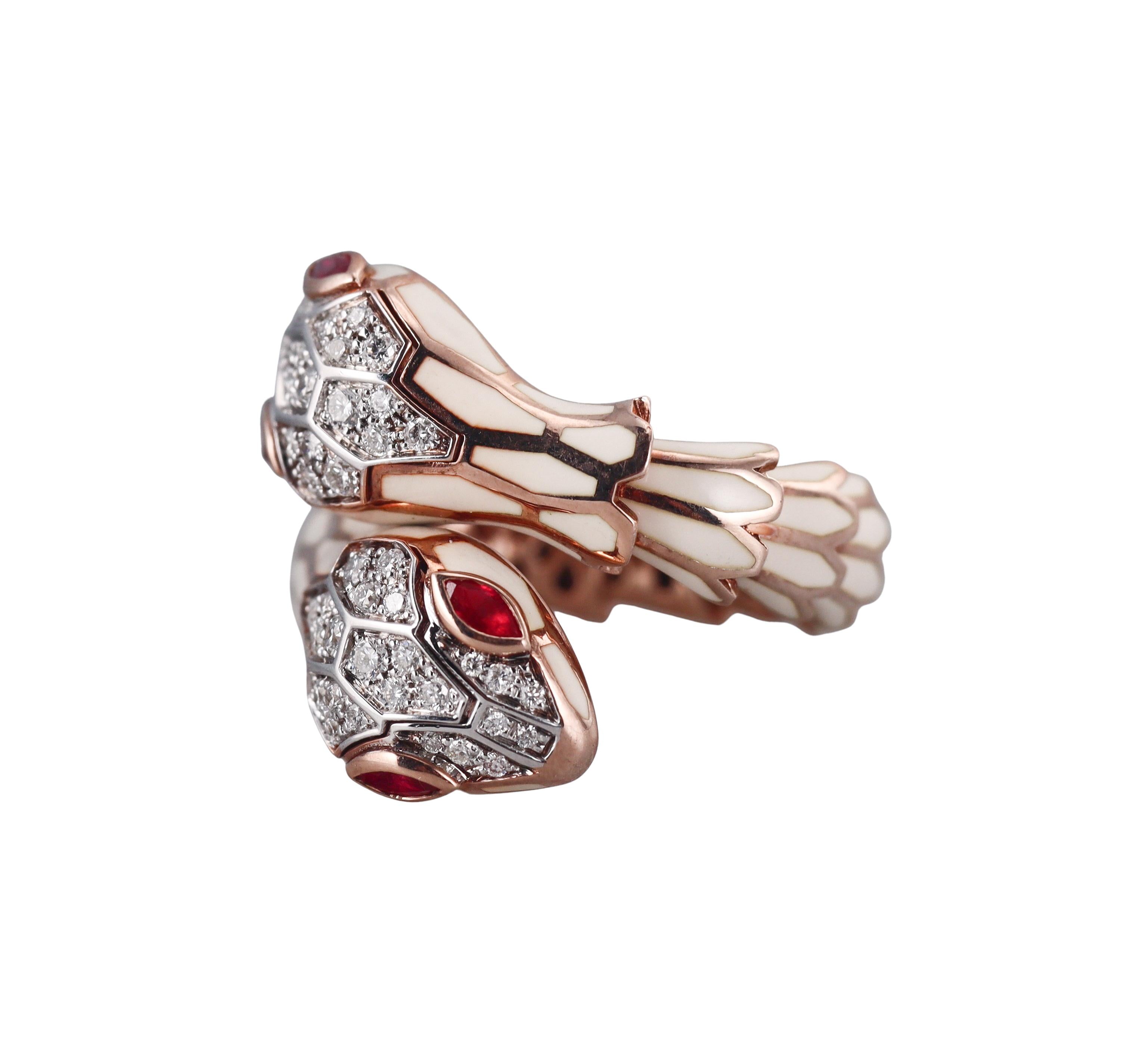 Alexis NY Rose Gold Silver Enamel Diamond Ruby Snake Ring