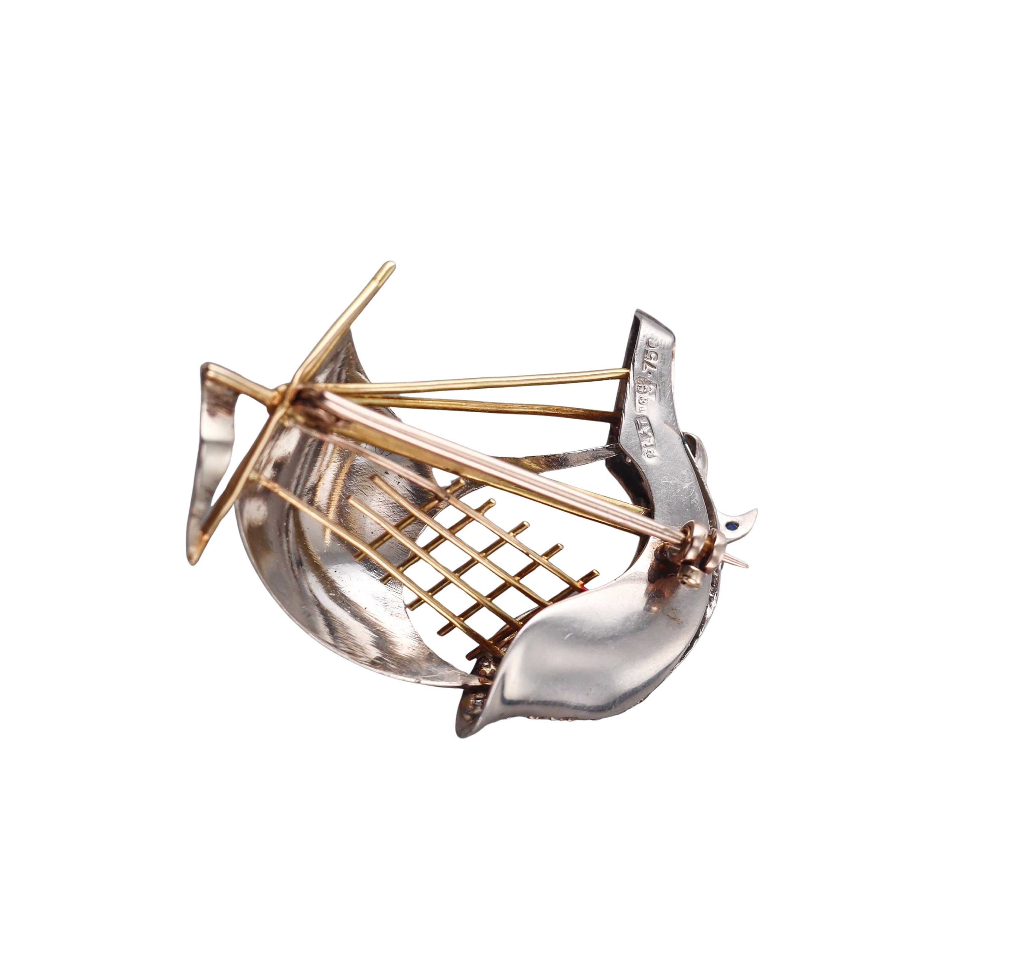 Antique Scottish Gold Platinum Diamond Ruby Sapphire Sailboat Brooch