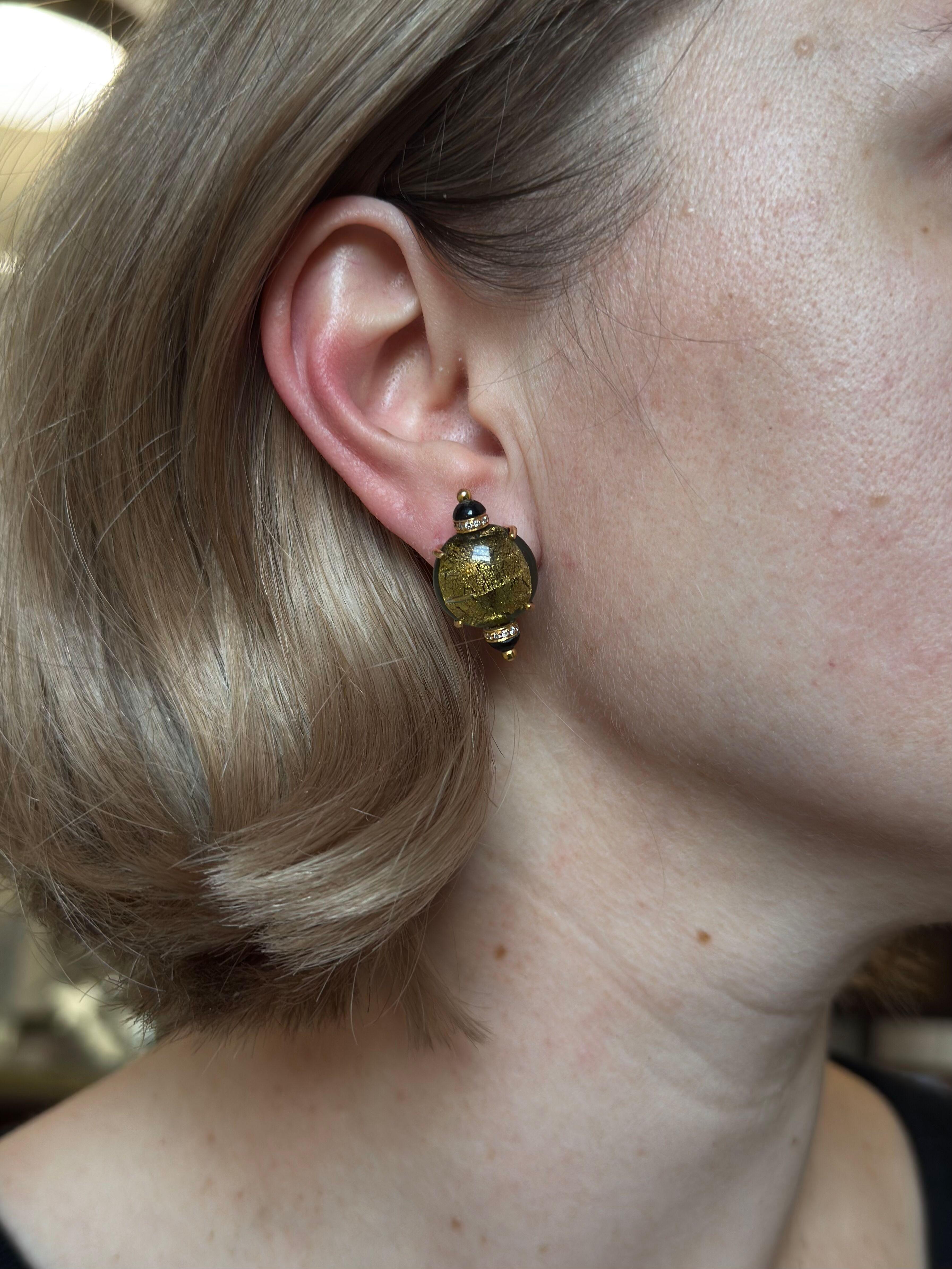 Lotus Arts de Vivre Diamond Onyx Gold Glass Earrings