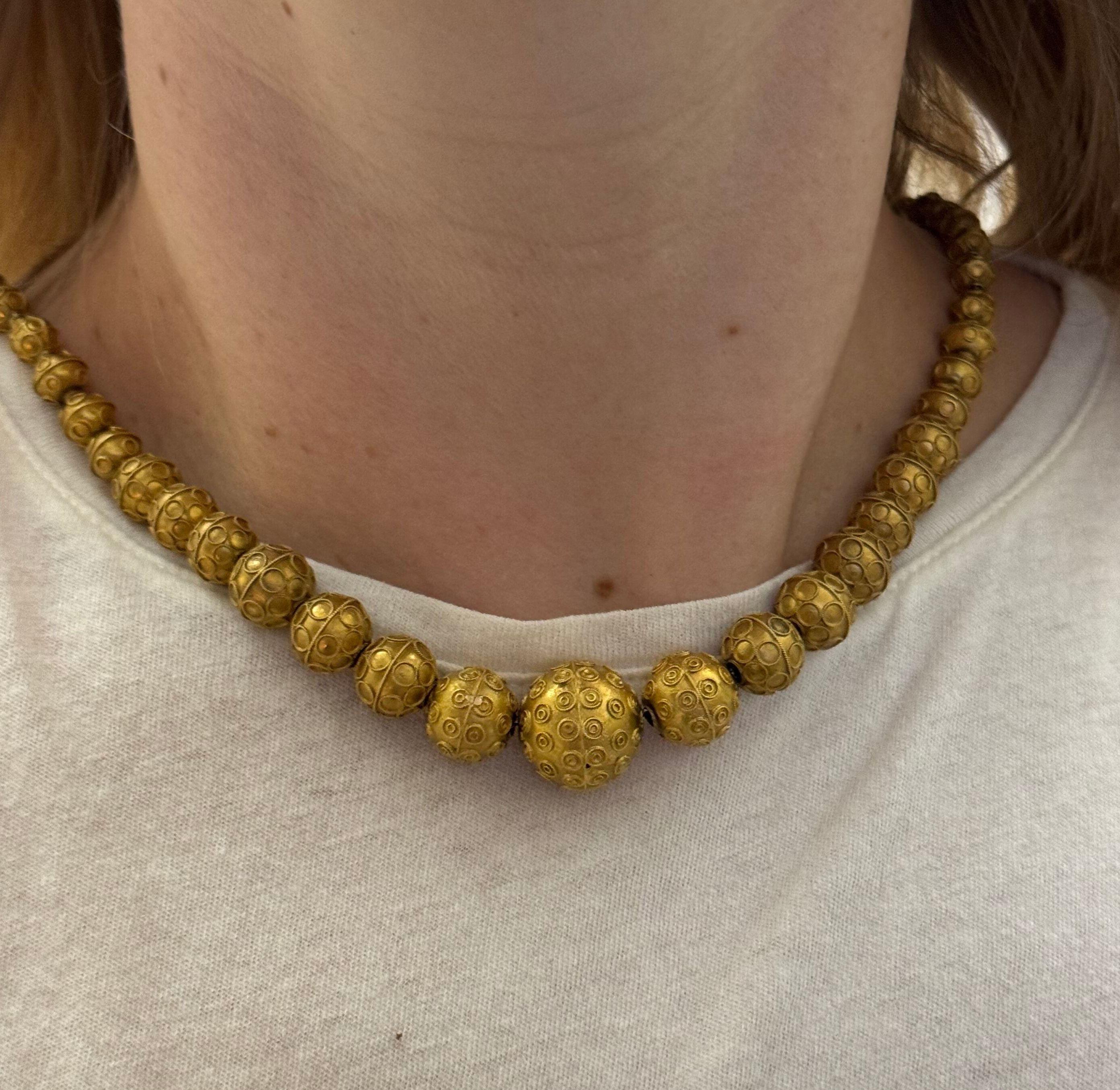 Antique Etruscan Revival Gold Graduated Bead Necklace