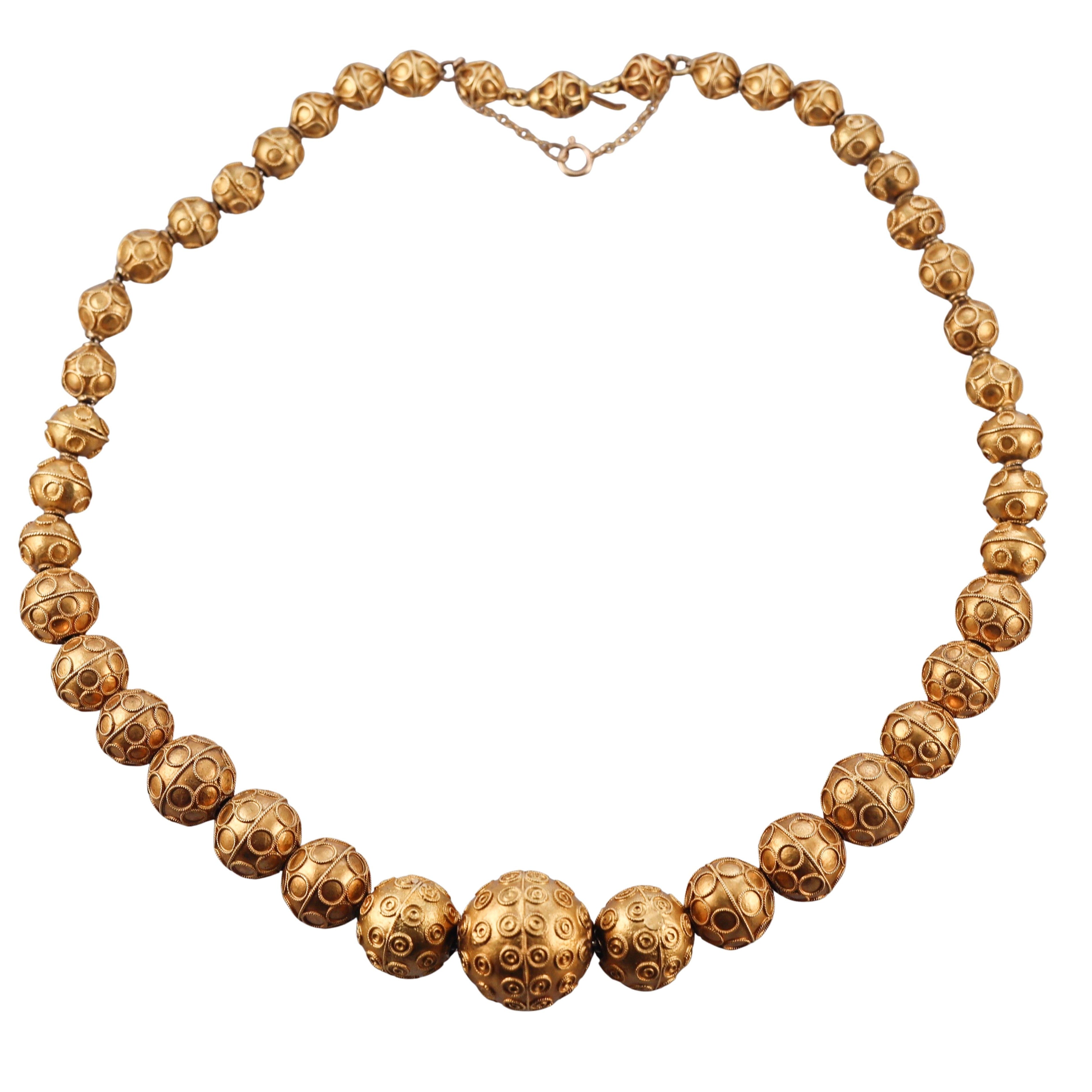 Antique Etruscan Revival Gold Graduated Bead Necklace