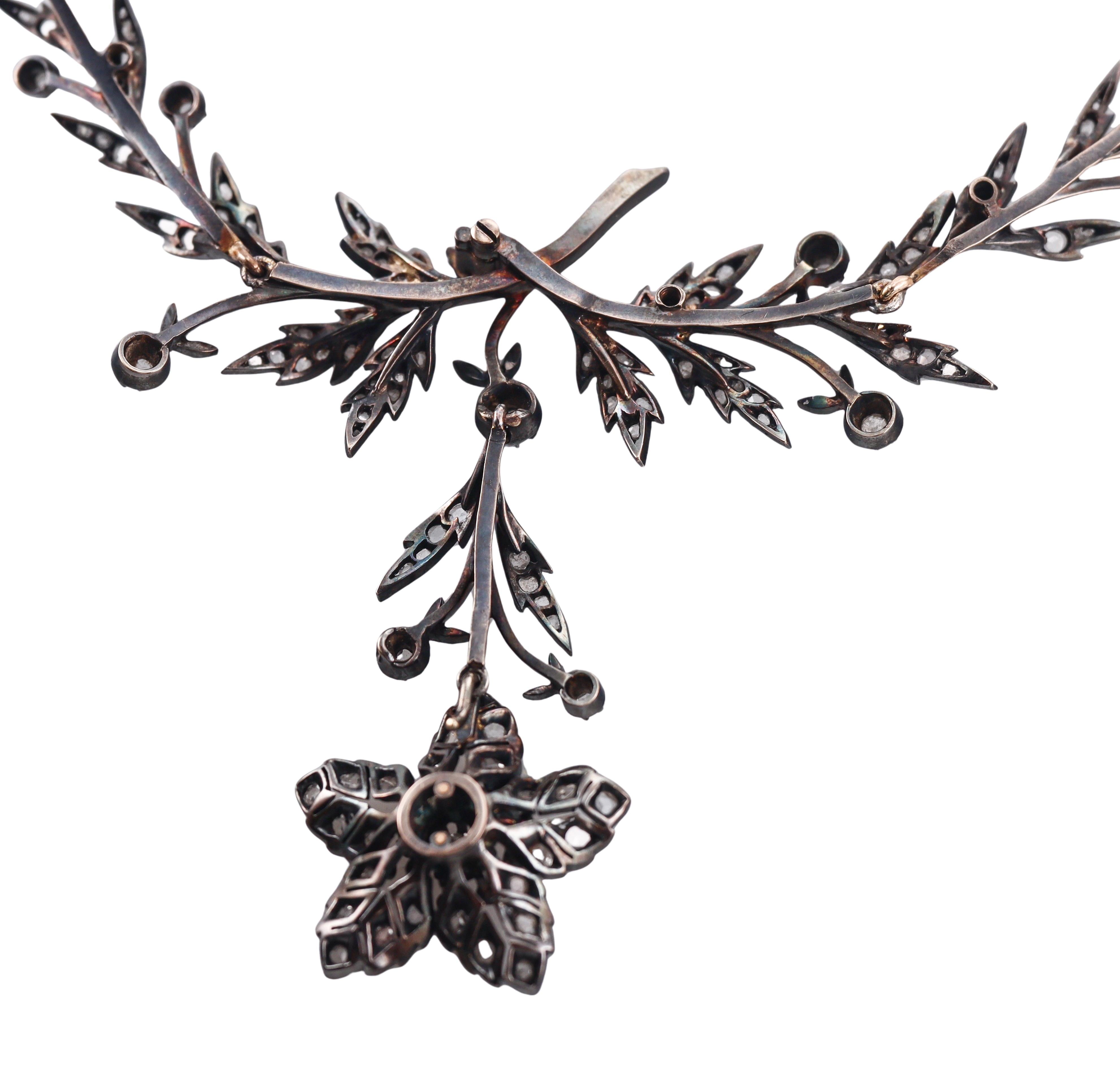 Antique Victorian Rose Cut Diamond Silver Gold Flower Necklace
