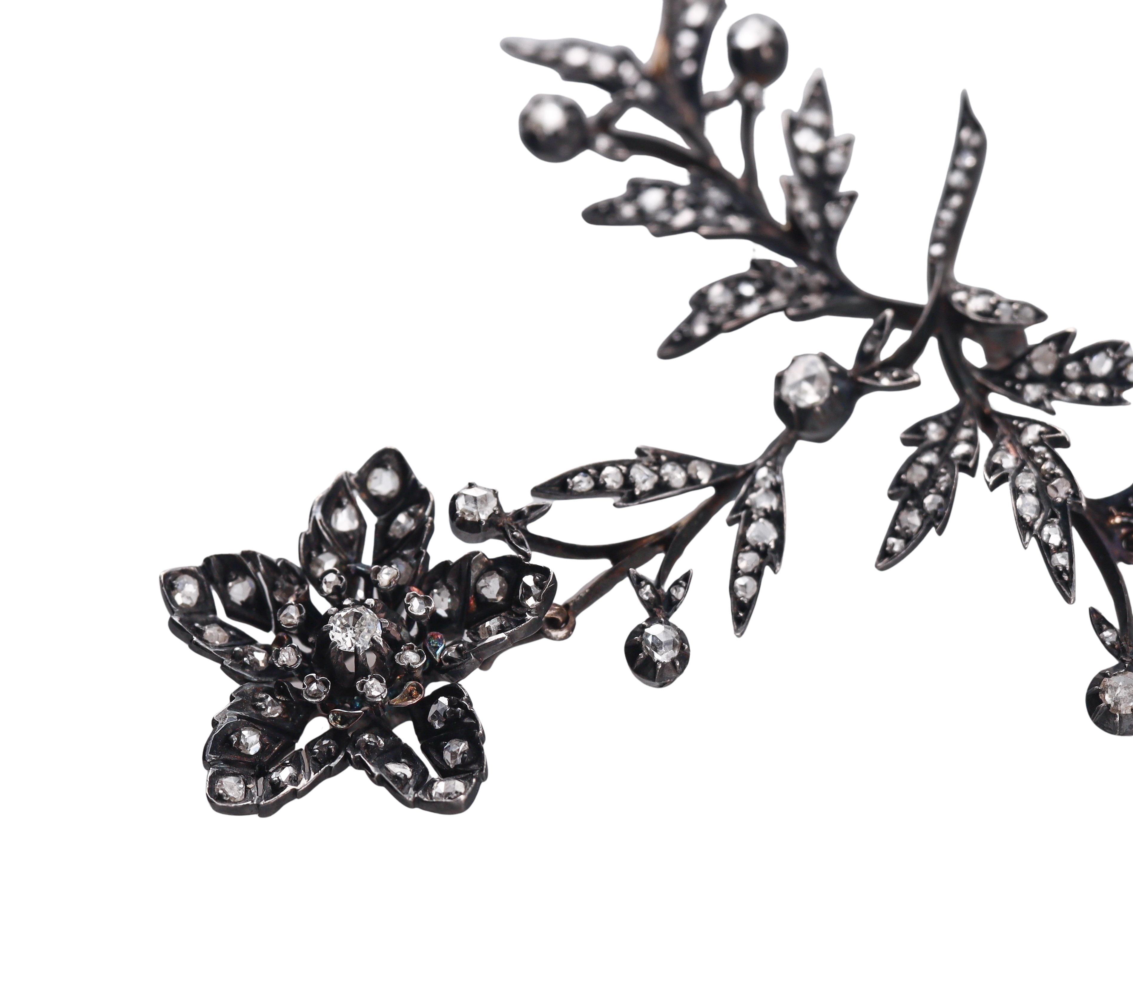Antique Victorian Rose Cut Diamond Silver Gold Flower Necklace