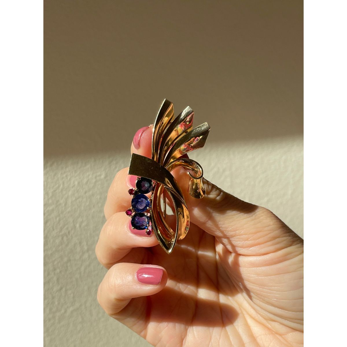 Trabert & Hoeffer Reflection Retro Gold Sapphire Ruby Brooch