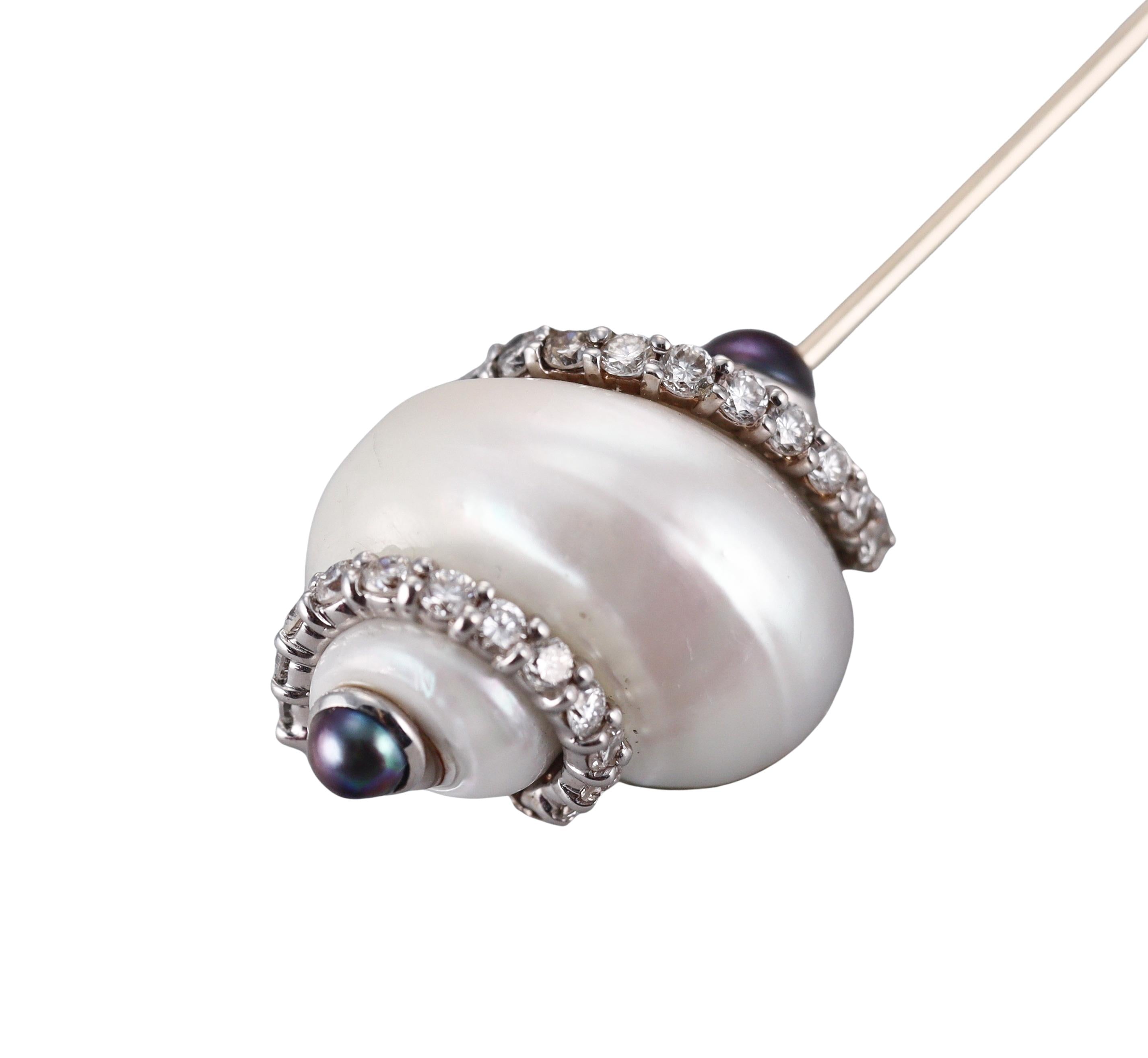 Seaman Schepps Gold Turbo Shell Diamond Pearl Jabot Brooch Pin