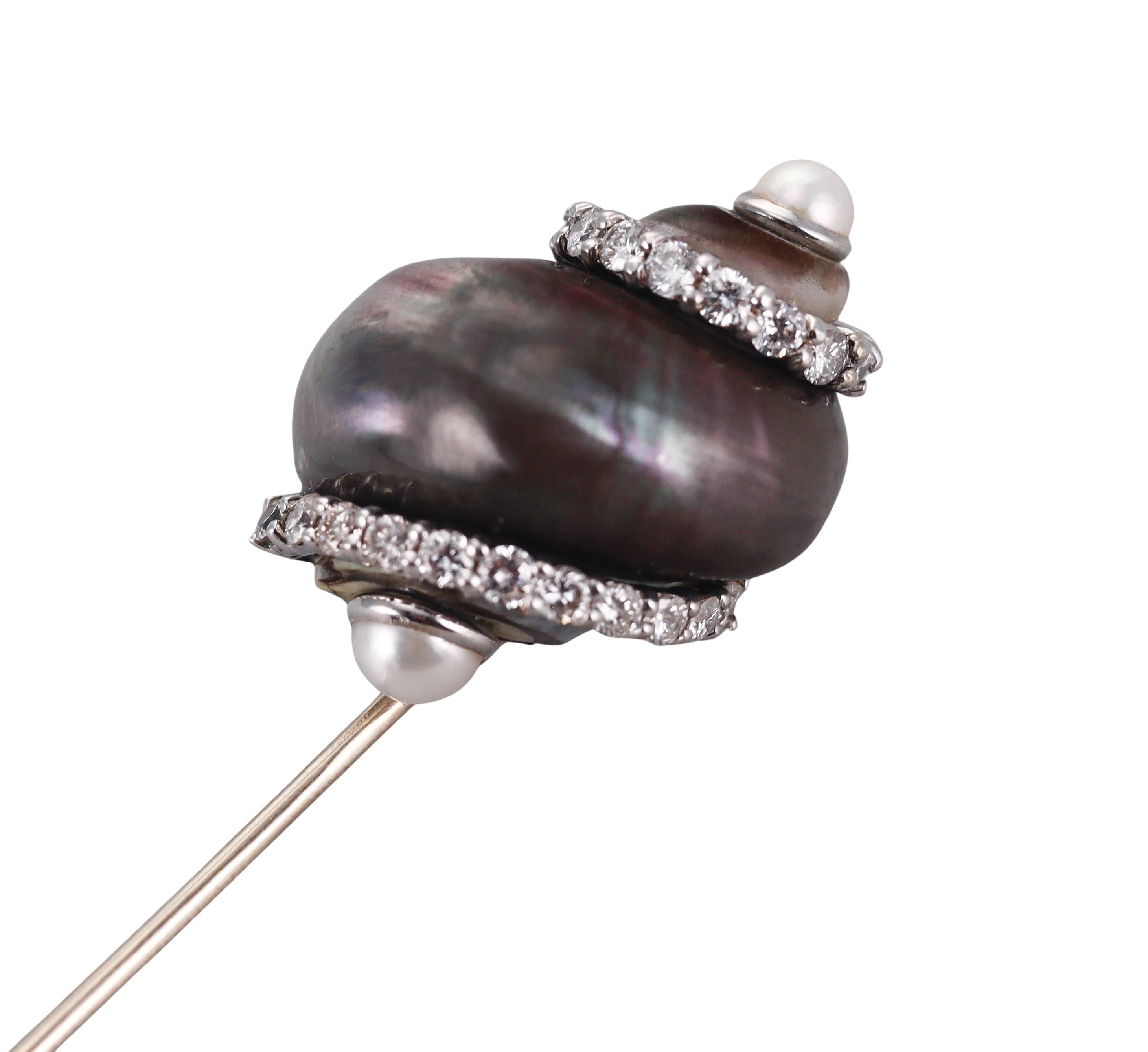 Seaman Schepps Gold Turbo Shell Diamond Pearl Jabot Brooch Pin