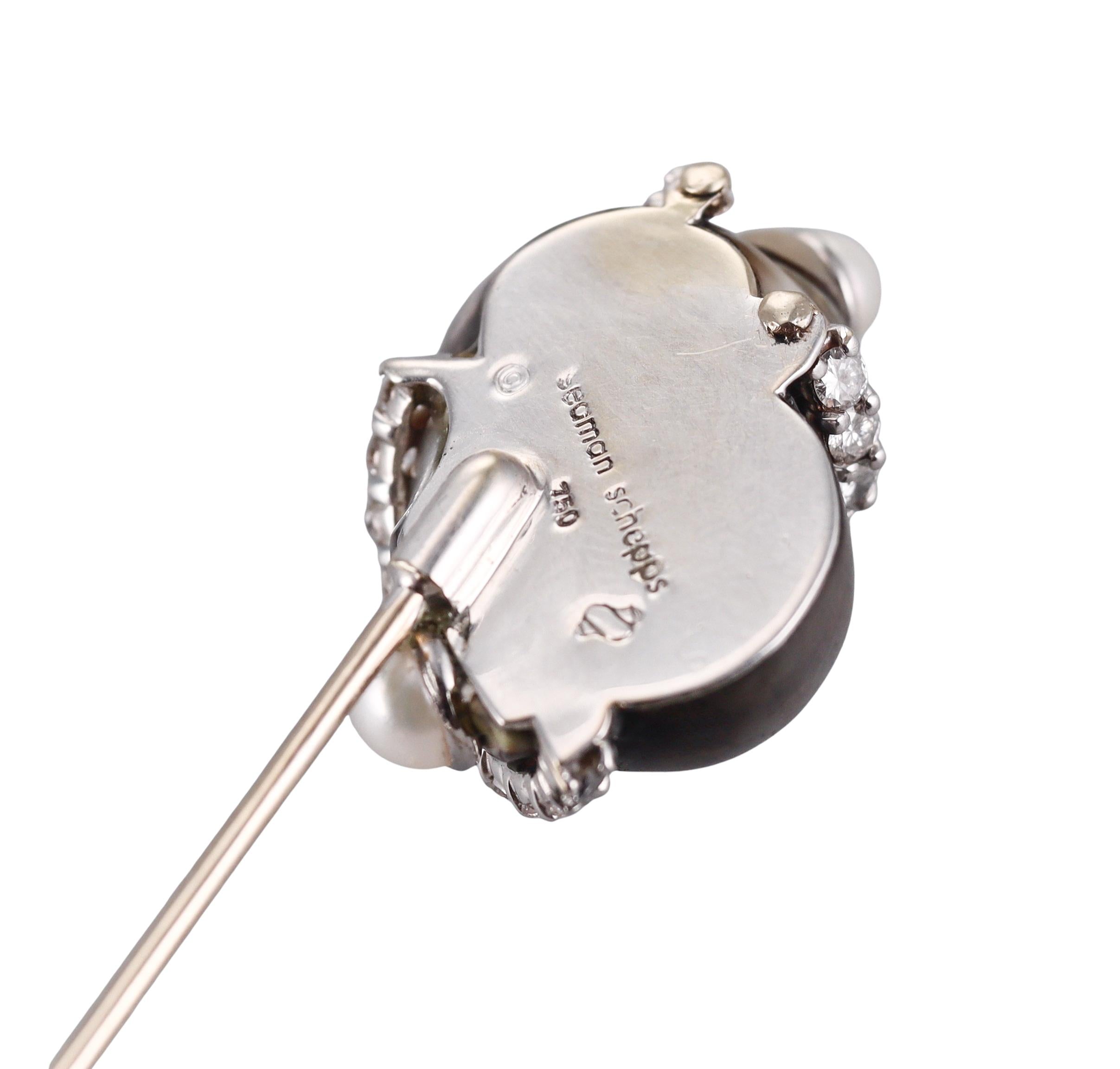 Seaman Schepps Gold Turbo Shell Diamond Pearl Jabot Brooch Pin