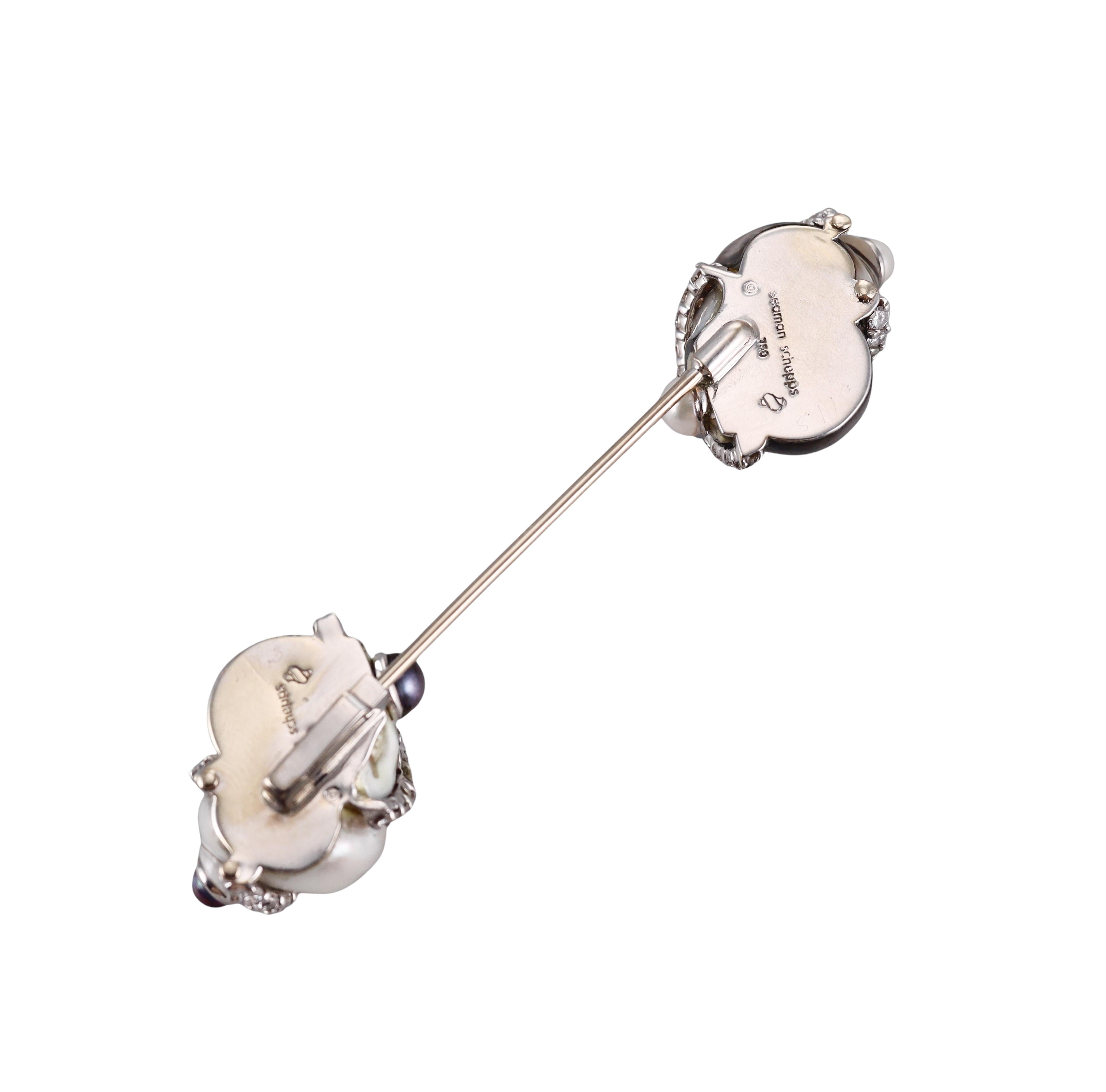 Seaman Schepps Gold Turbo Shell Diamond Pearl Jabot Brooch Pin