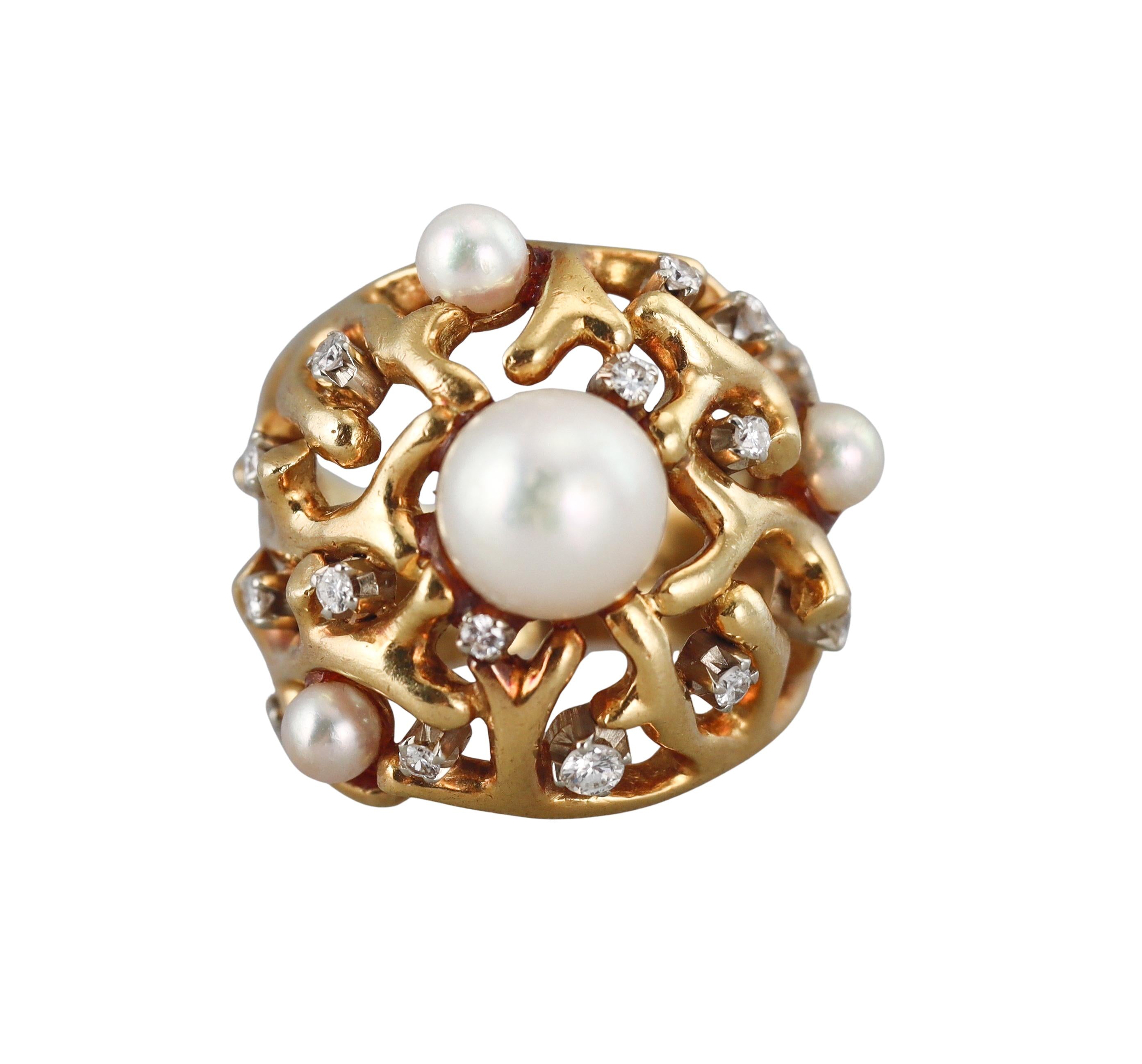 Tiffany & Co Vintage Pearl Diamond Gold Dome Ring