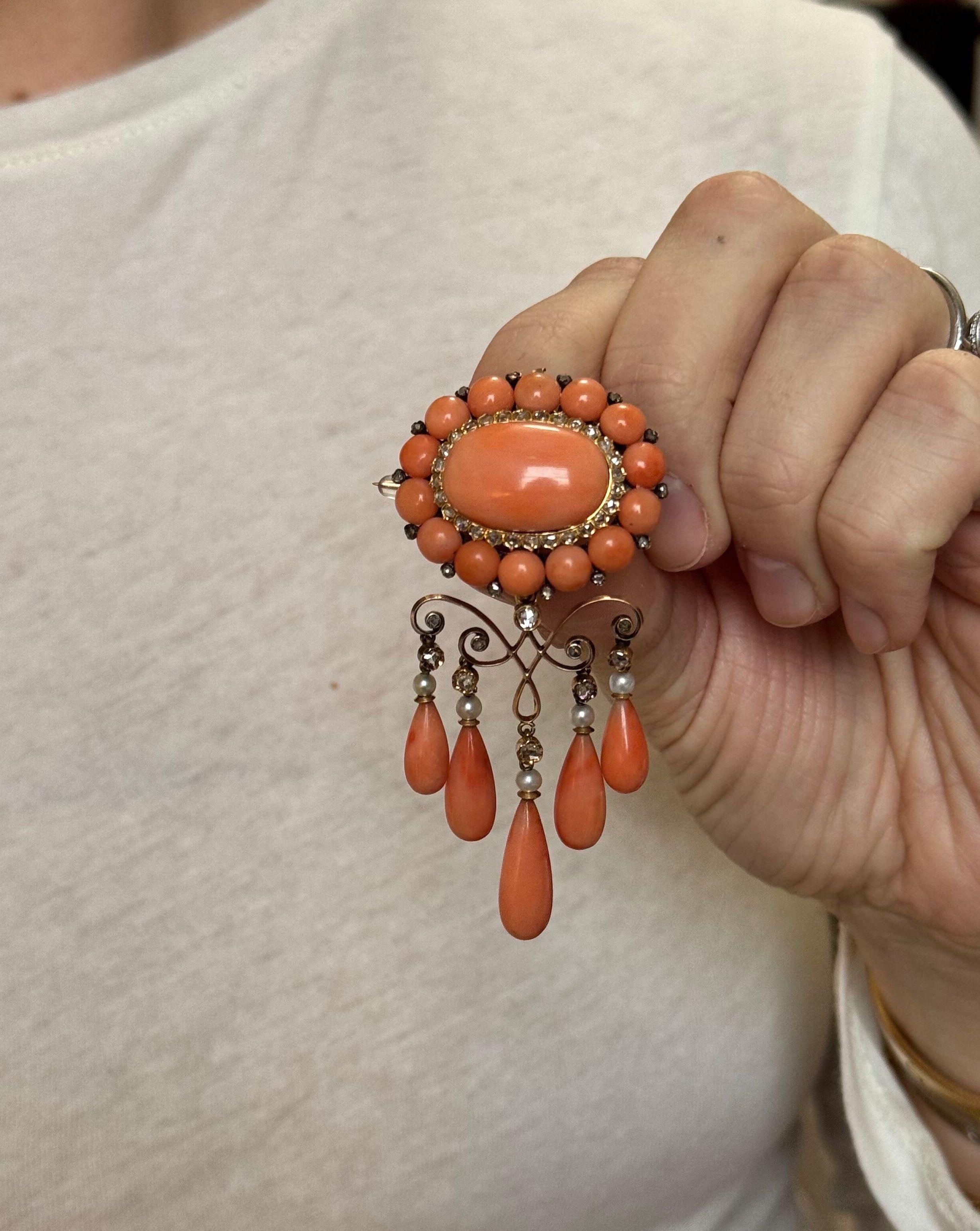 French Antique Georgian Coral Diamond Pearl Gold Brooch