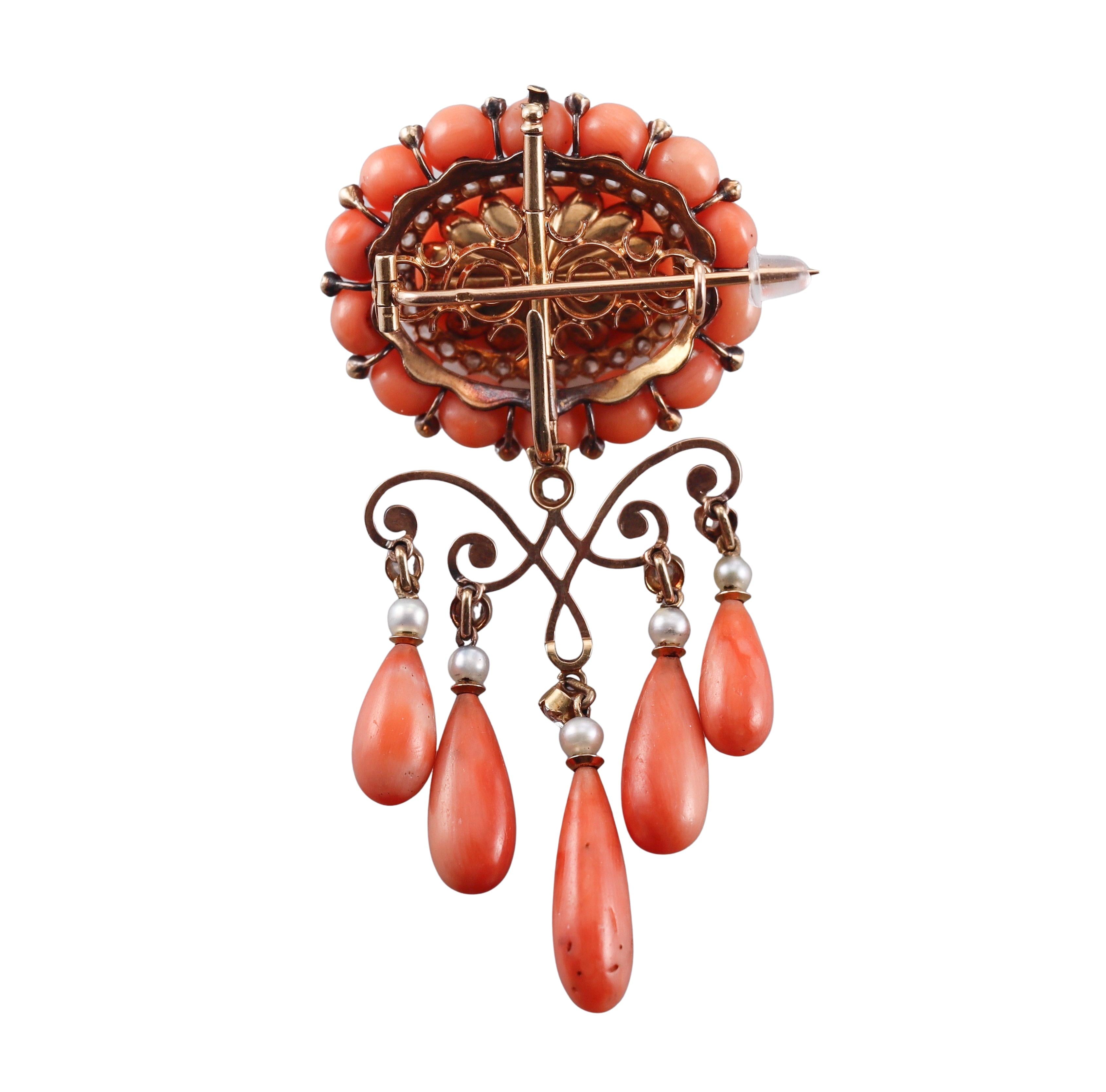 French Antique Georgian Coral Diamond Pearl Gold Brooch