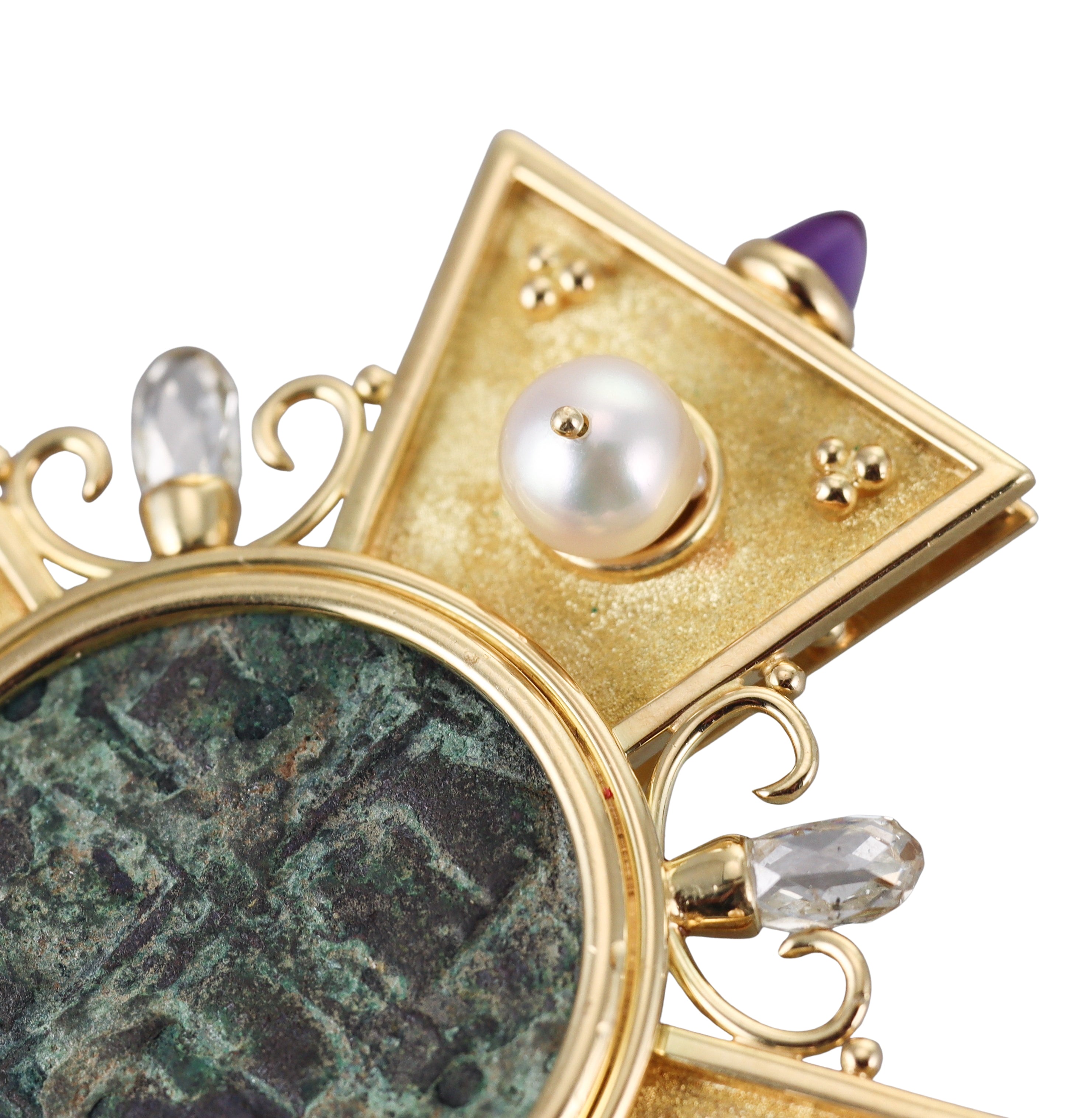 Gold Ancient Coin Diamond Amethyst Pearl Maltese Cross Brooch