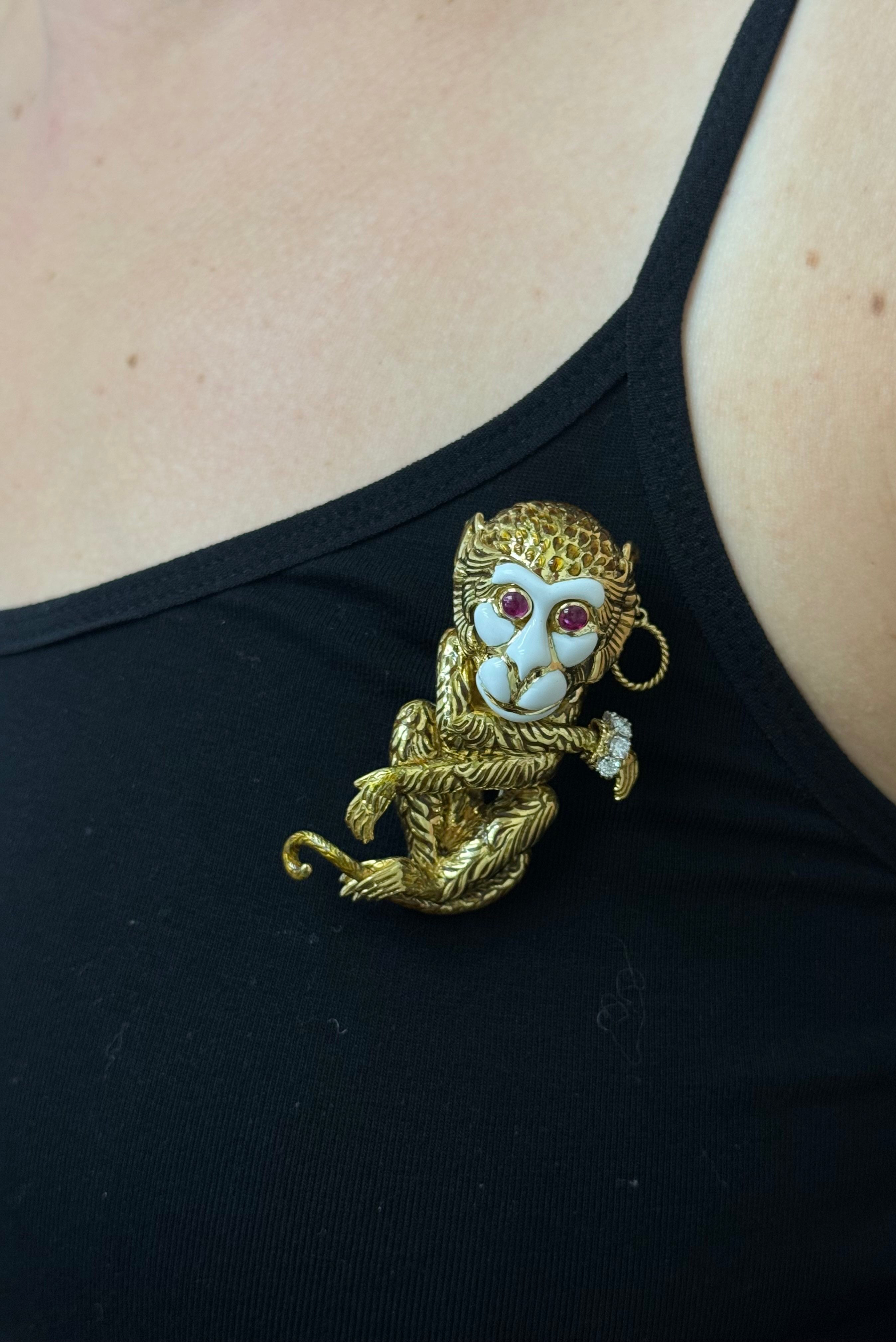 David Webb Diamond Ruby Enamel Gold Platinum Gypsy Monkey Brooch Pin