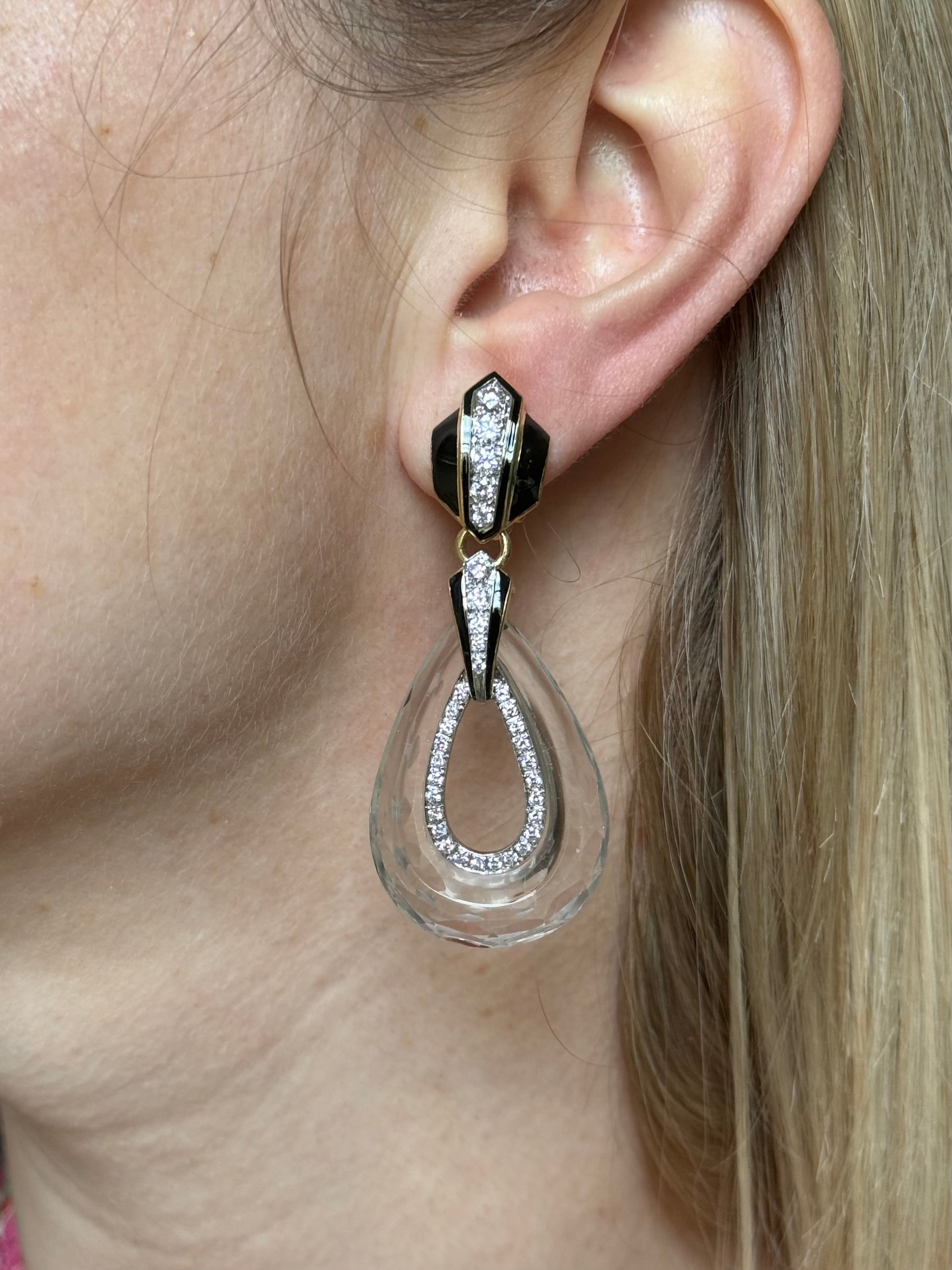 David Webb Crystal Diamond Enamel Gold Platinum Drop Earrings