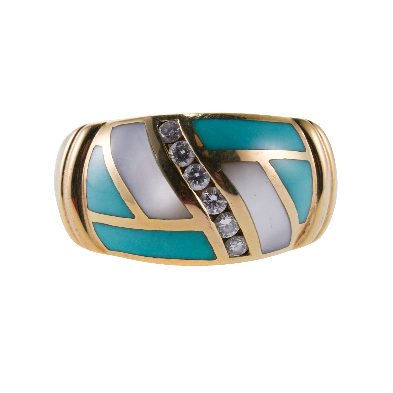Asch Grossbardt Inlay Mother of Pearl Turquoise Diamond Gold Ring