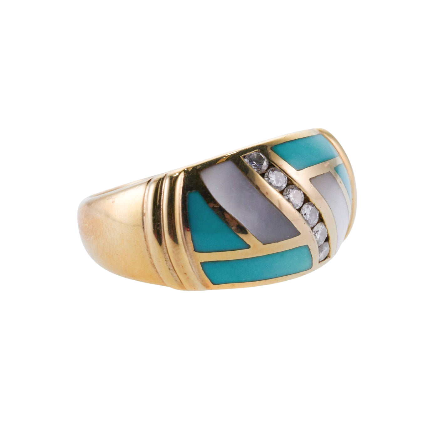 Asch Grossbardt Inlay Mother of Pearl Turquoise Diamond Gold Ring
