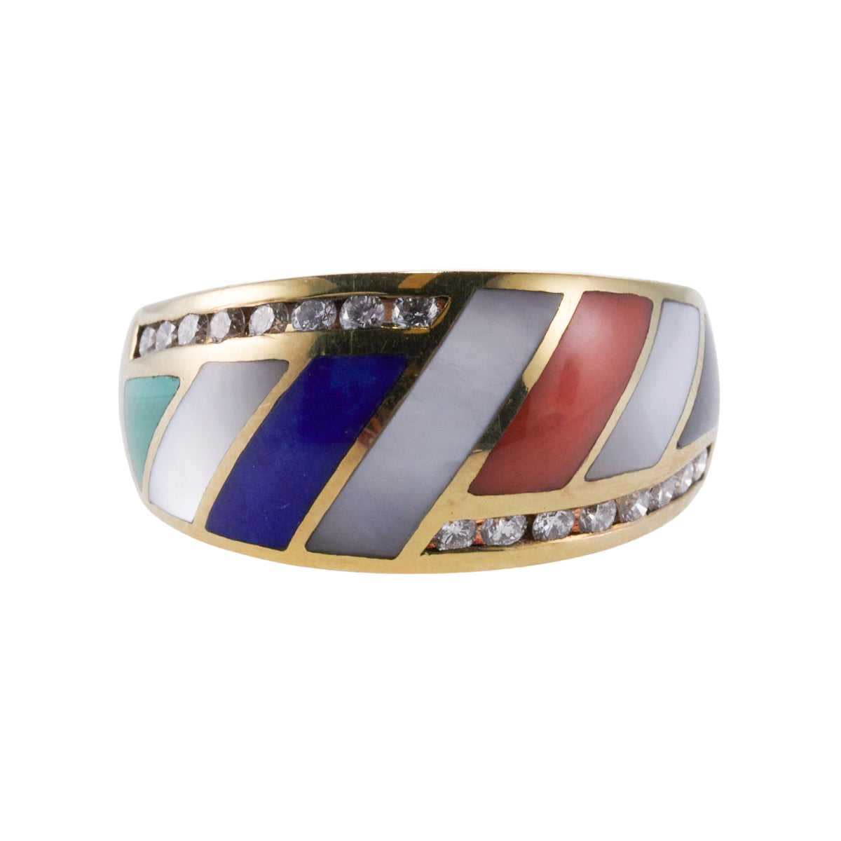 Asch Grossbardt Inlay Coral Mother of Pearl Lapis Malachite Diamond Gold Ring