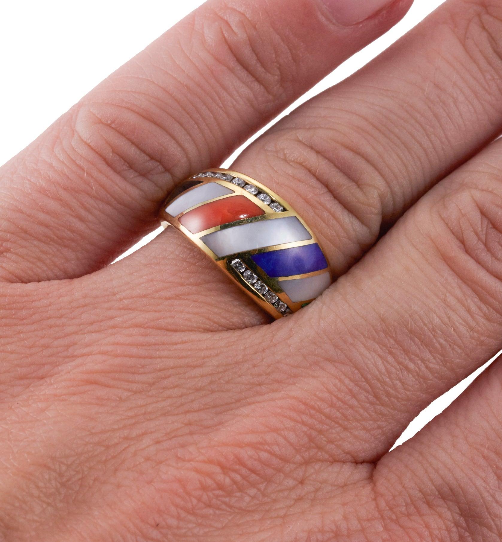 Asch Grossbardt Inlay Coral Mother of Pearl Lapis Malachite Diamond Gold Ring