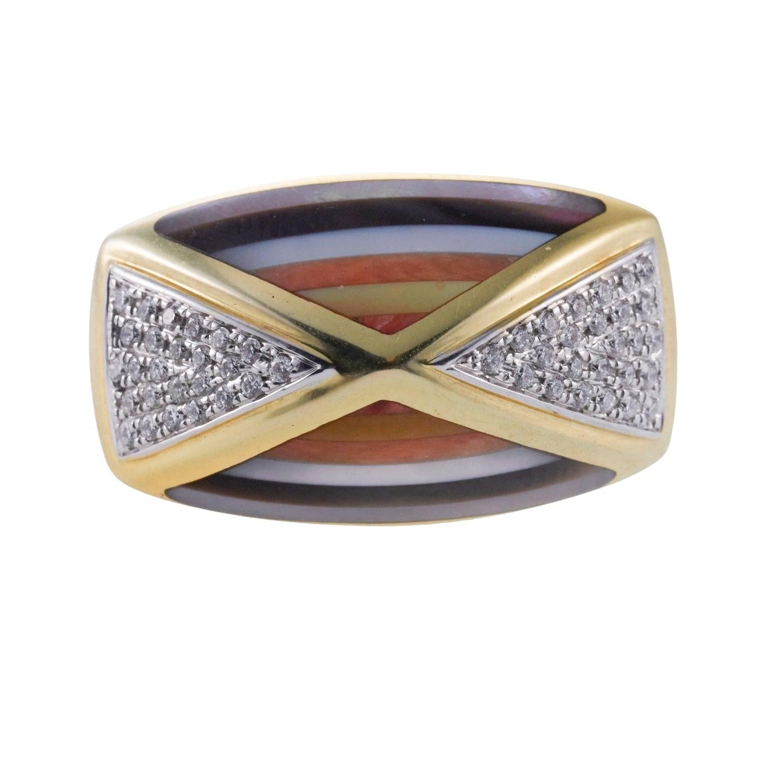 Asch Grossbardt Inlay Mother of Pearl Diamond Gold Ring