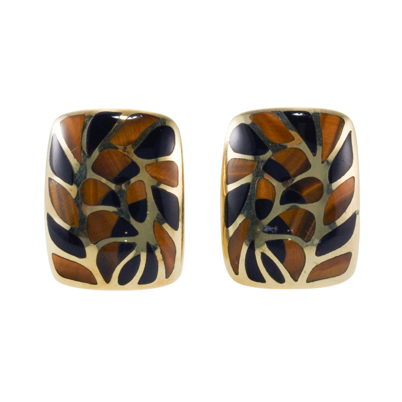 Asch Grossbardt Inlay Onyx Tiger's Eye Gold Earrings