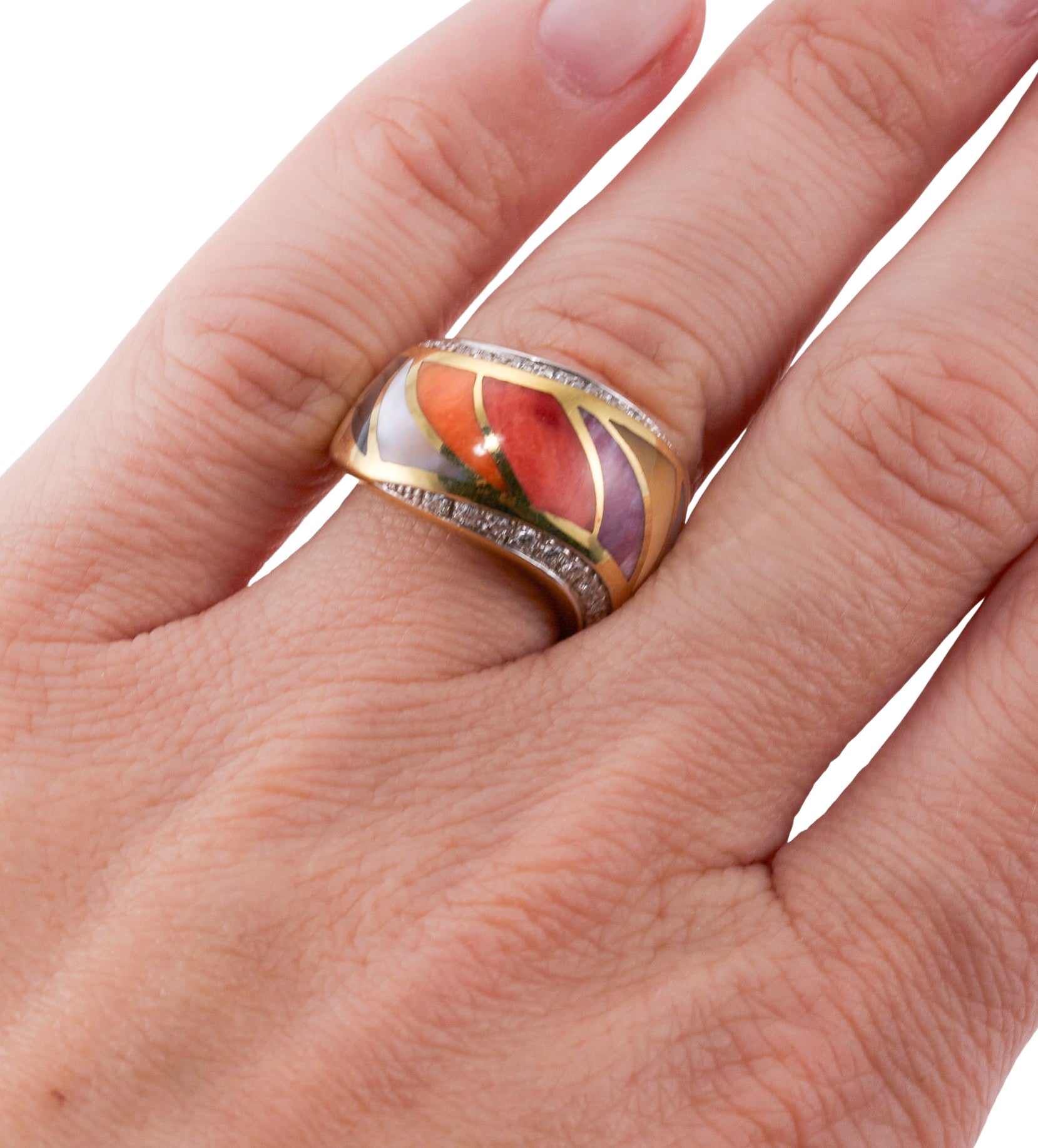Asch Grossbardt Inlay Coral Mother of Pearl Diamond Gold Wave Ring