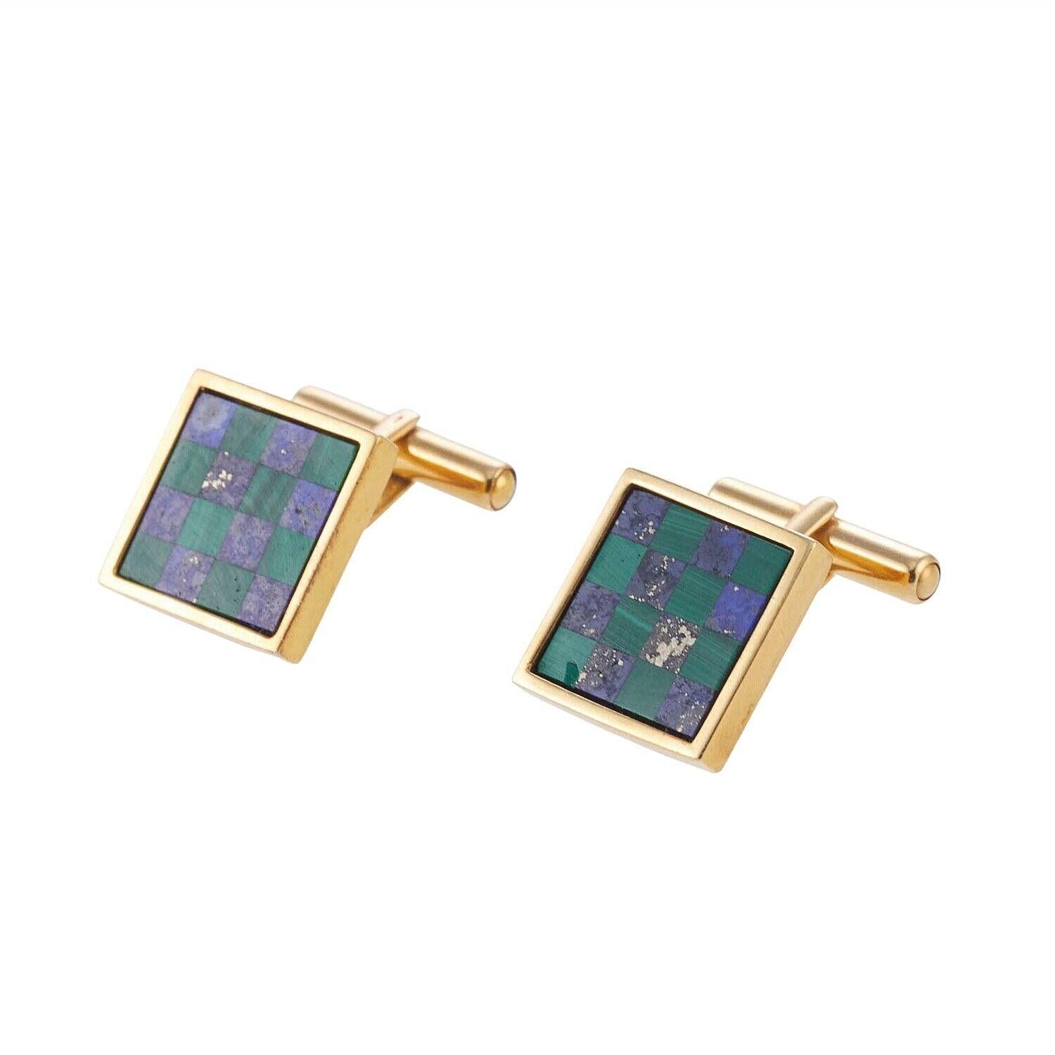 Asprey Malachite Lapis Inlay Checkerboard Gold Cufflinks