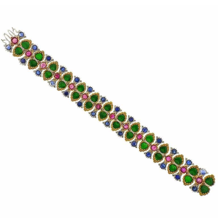 Buccellati Important Carved Jade Ruby Sapphire Gold Bracelet
