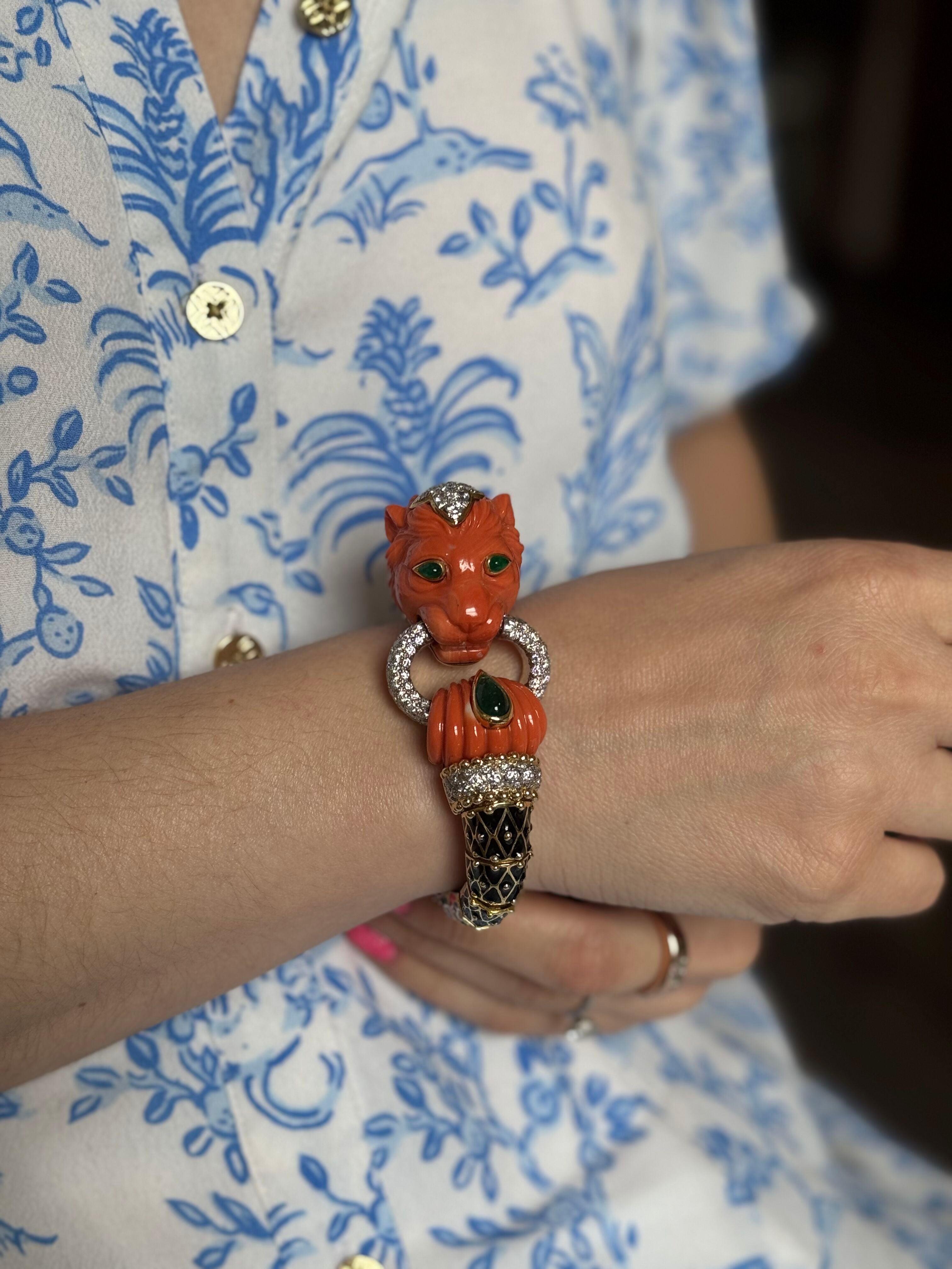 David Webb Diamond Coral Emerald Enamel Gold Platinum Lion Bracelet