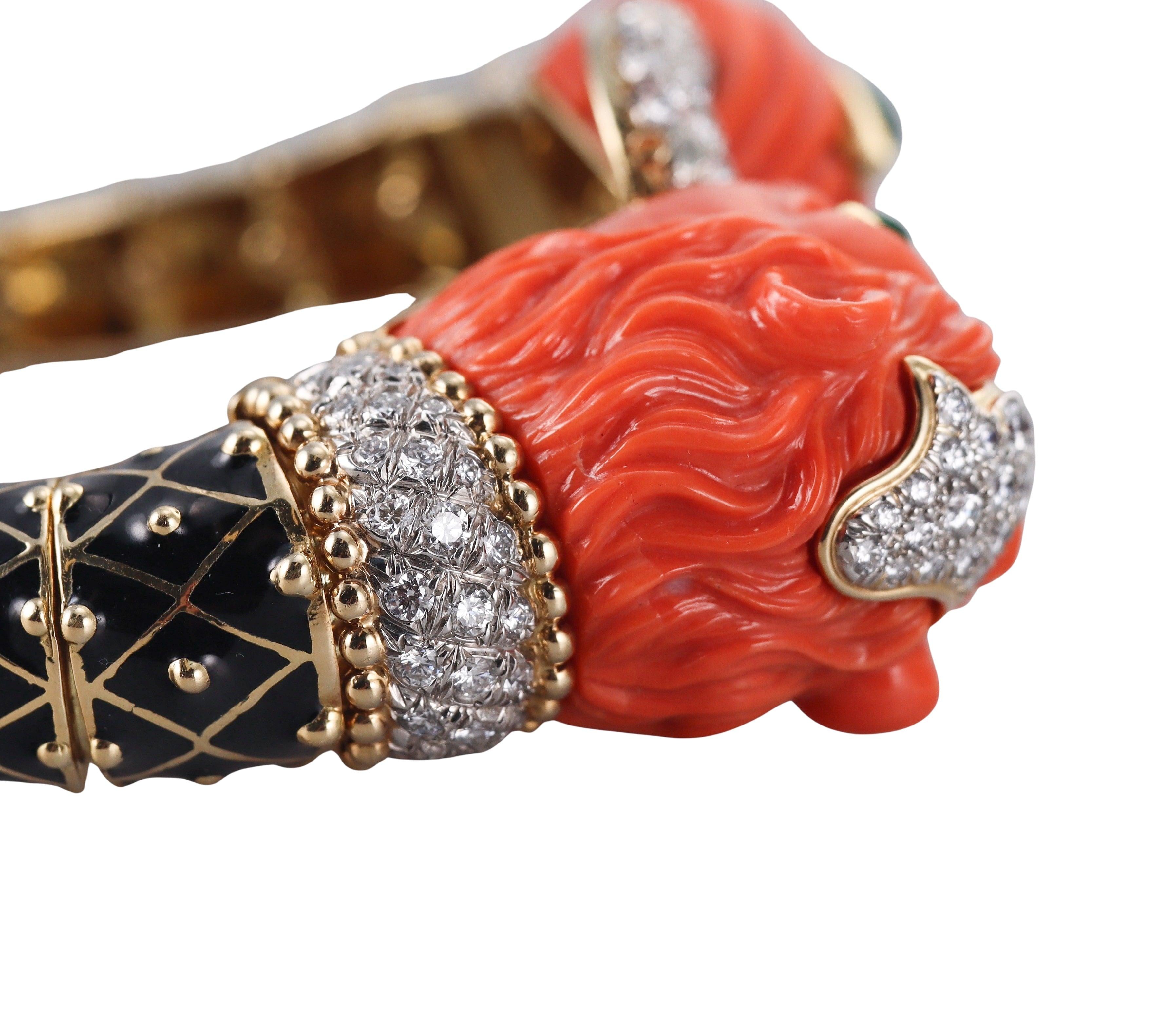 David Webb Diamond Coral Emerald Enamel Gold Platinum Lion Bracelet