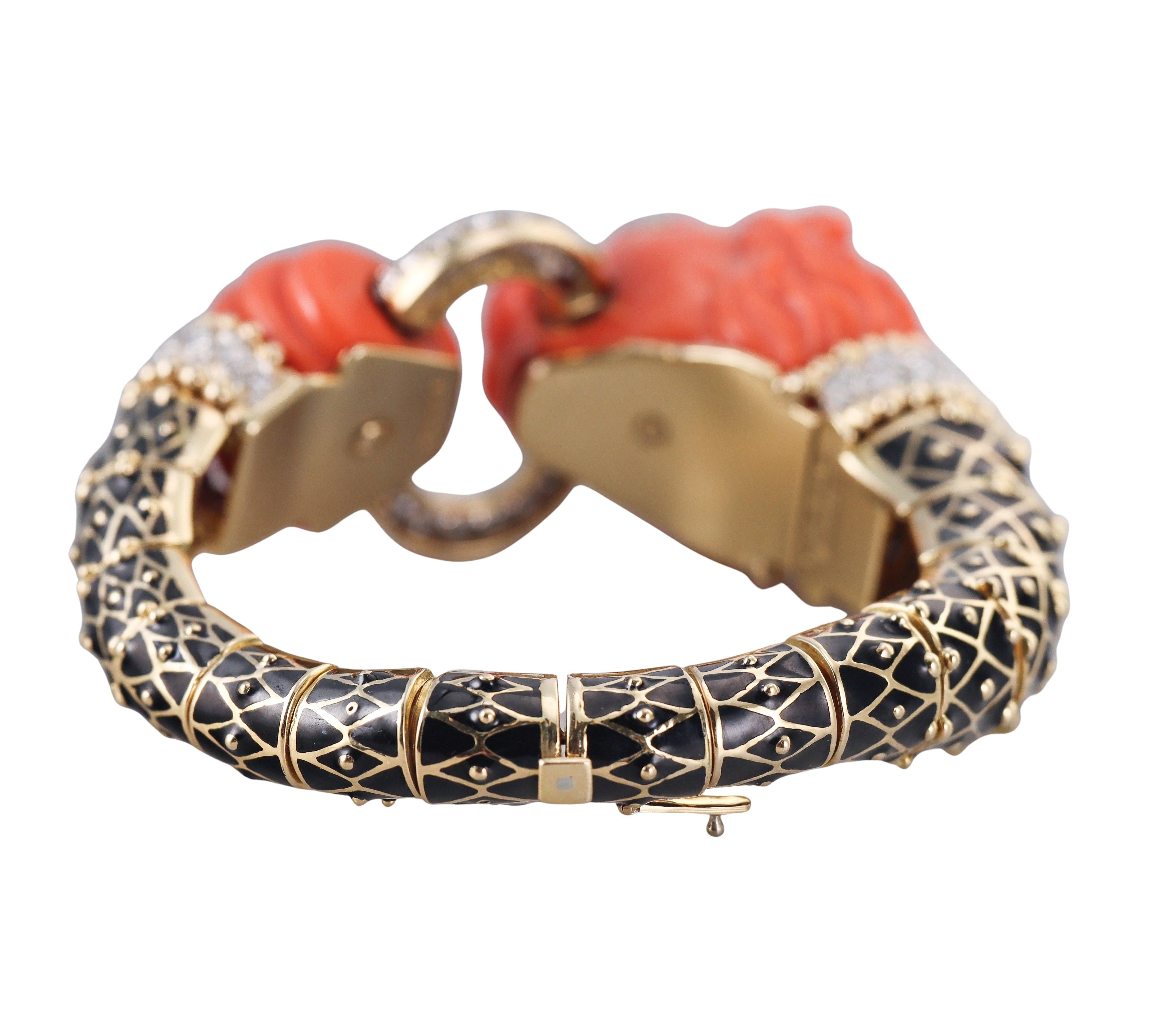 David Webb Diamond Coral Emerald Enamel Gold Platinum Lion Bracelet