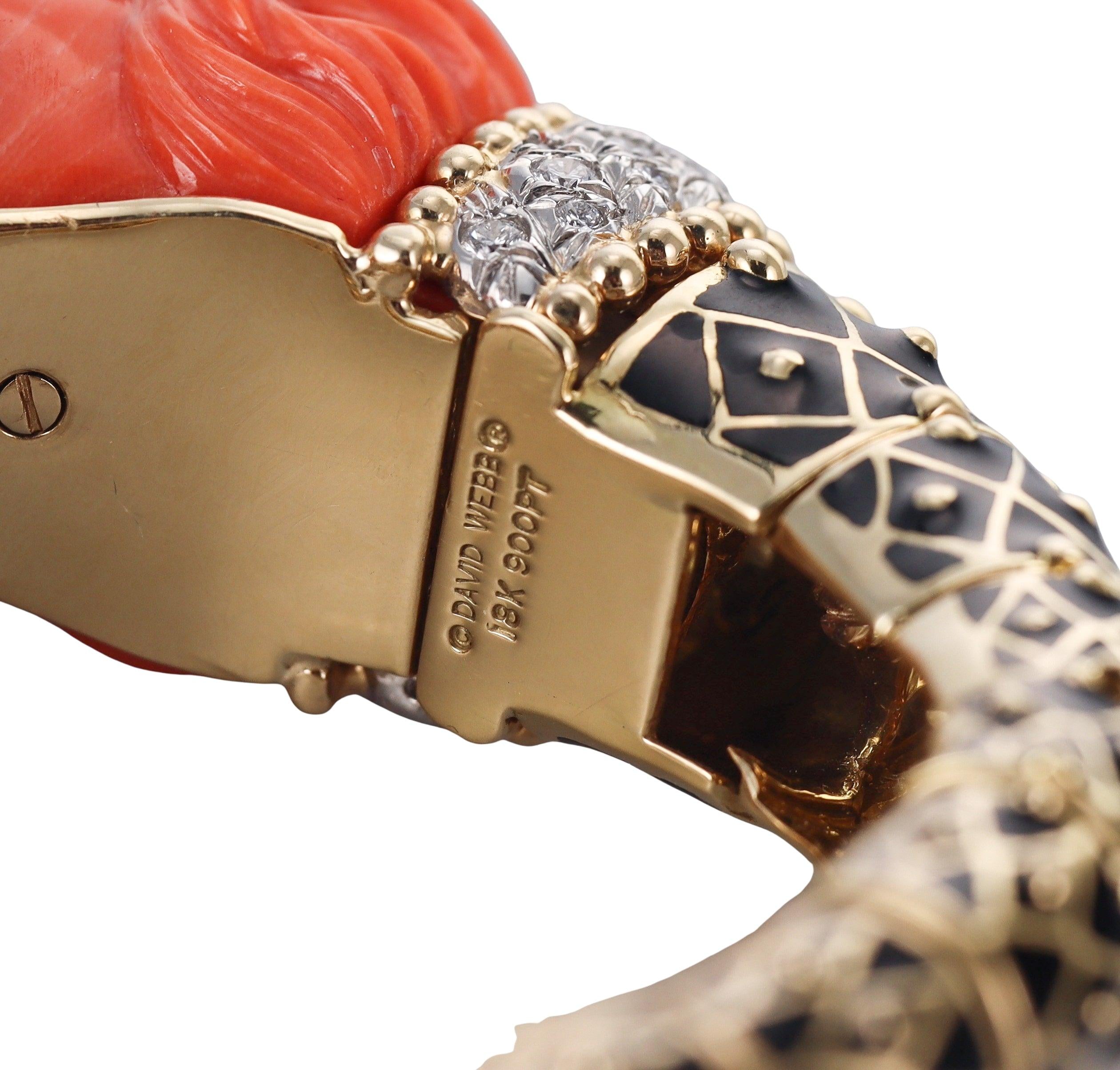 David Webb Diamond Coral Emerald Enamel Gold Platinum Lion Bracelet