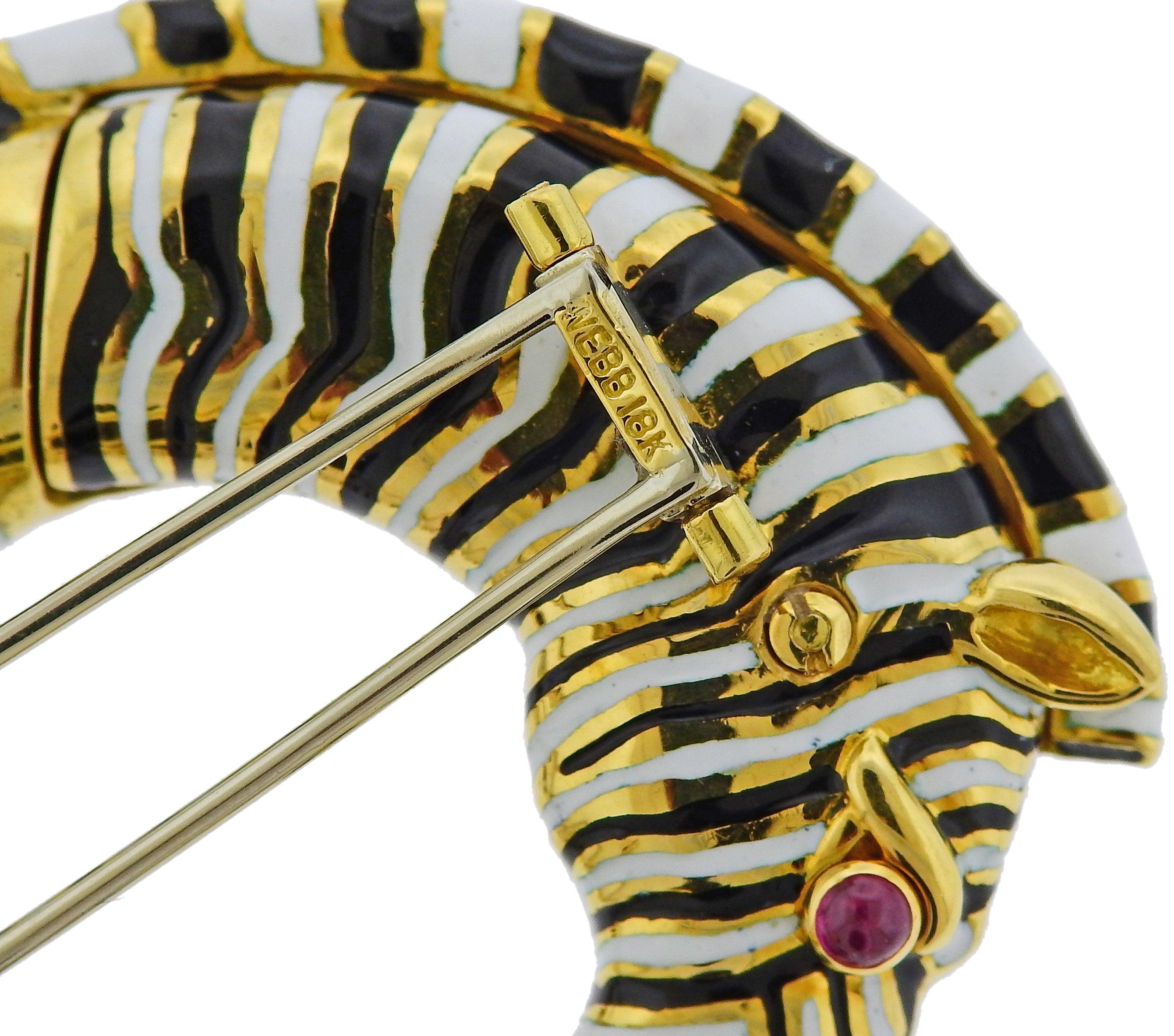 David Webb Diamond Ruby Enamel Gold Platinum Zebra Brooch Pin