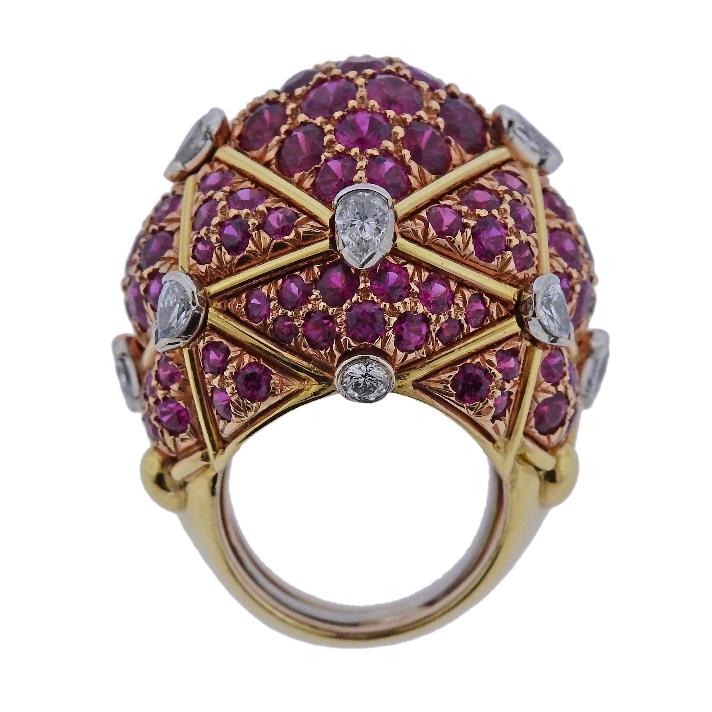 David Webb Geodesic Diamond Ruby Gold Platinum Dome Ring