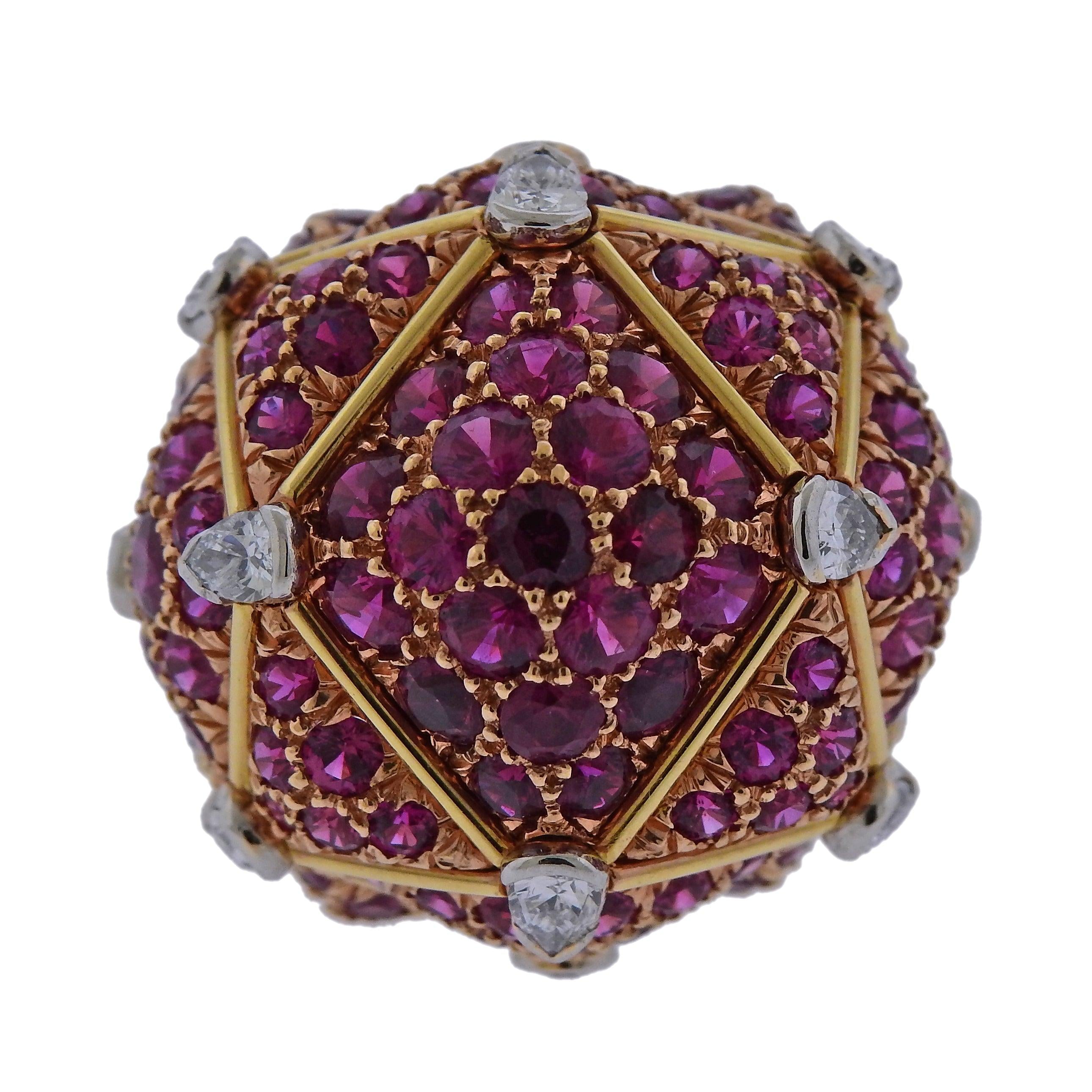 David Webb Geodesic Diamond Ruby Gold Platinum Dome Ring