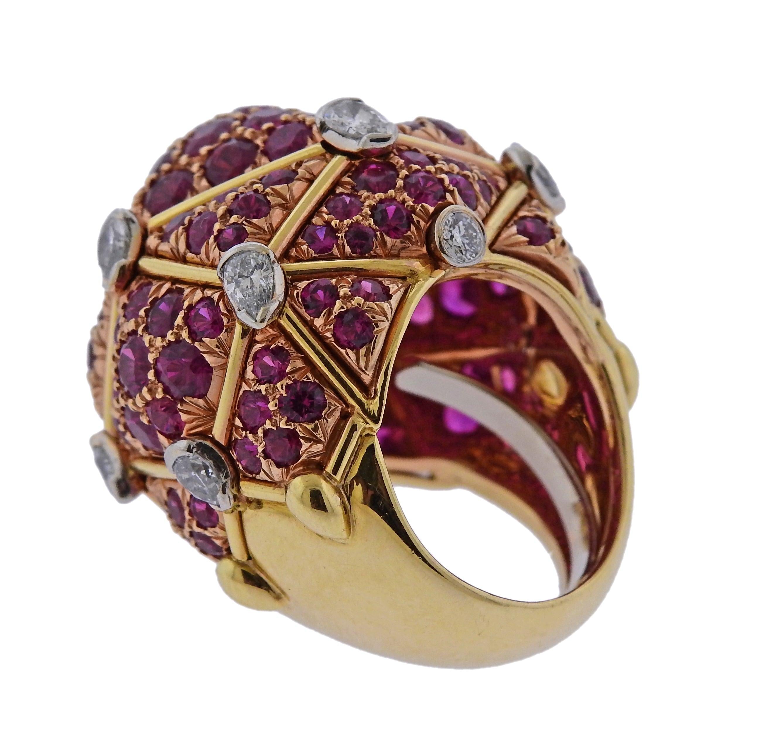 David Webb Geodesic Diamond Ruby Gold Platinum Dome Ring