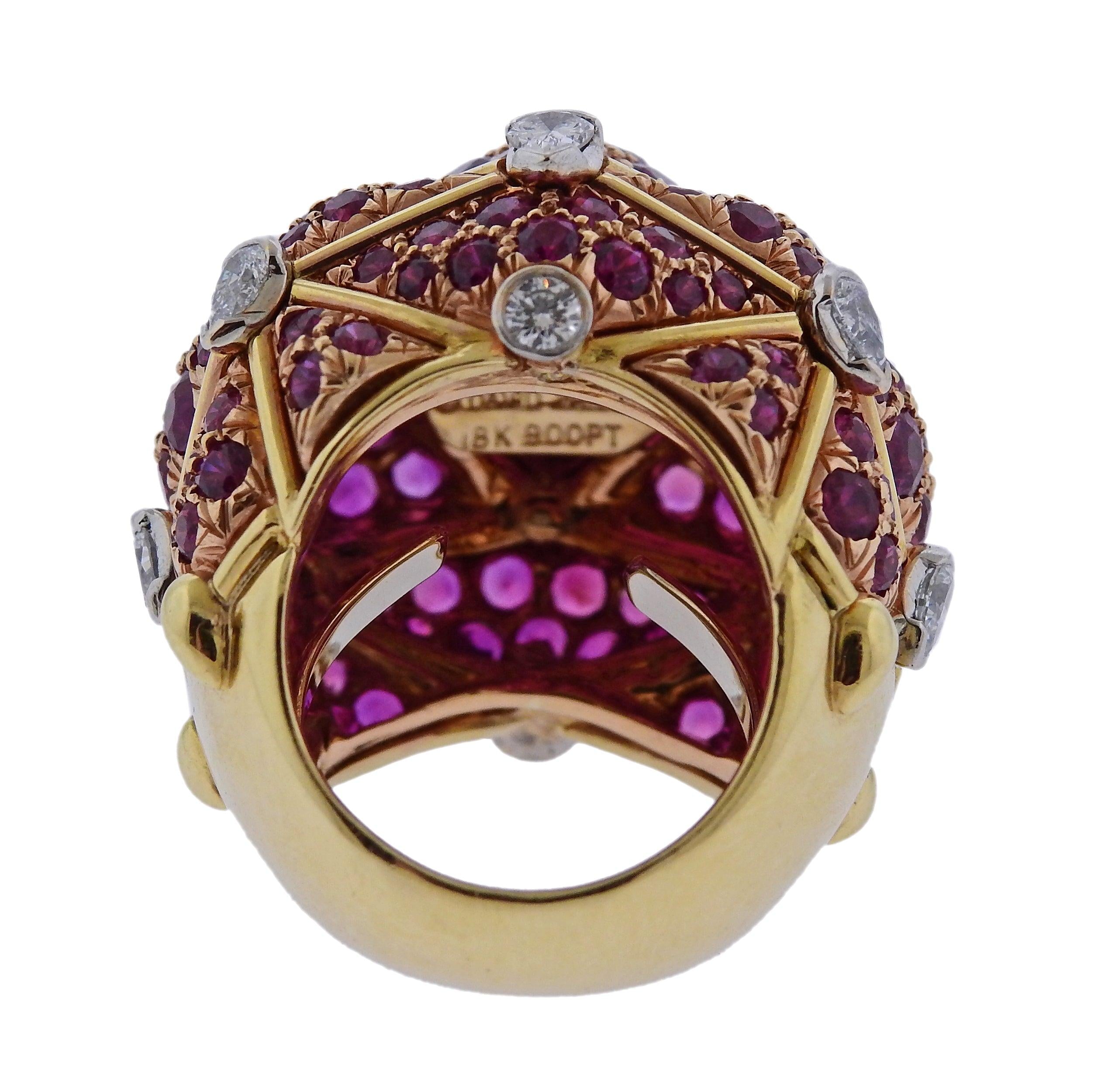 David Webb Geodesic Diamond Ruby Gold Platinum Dome Ring