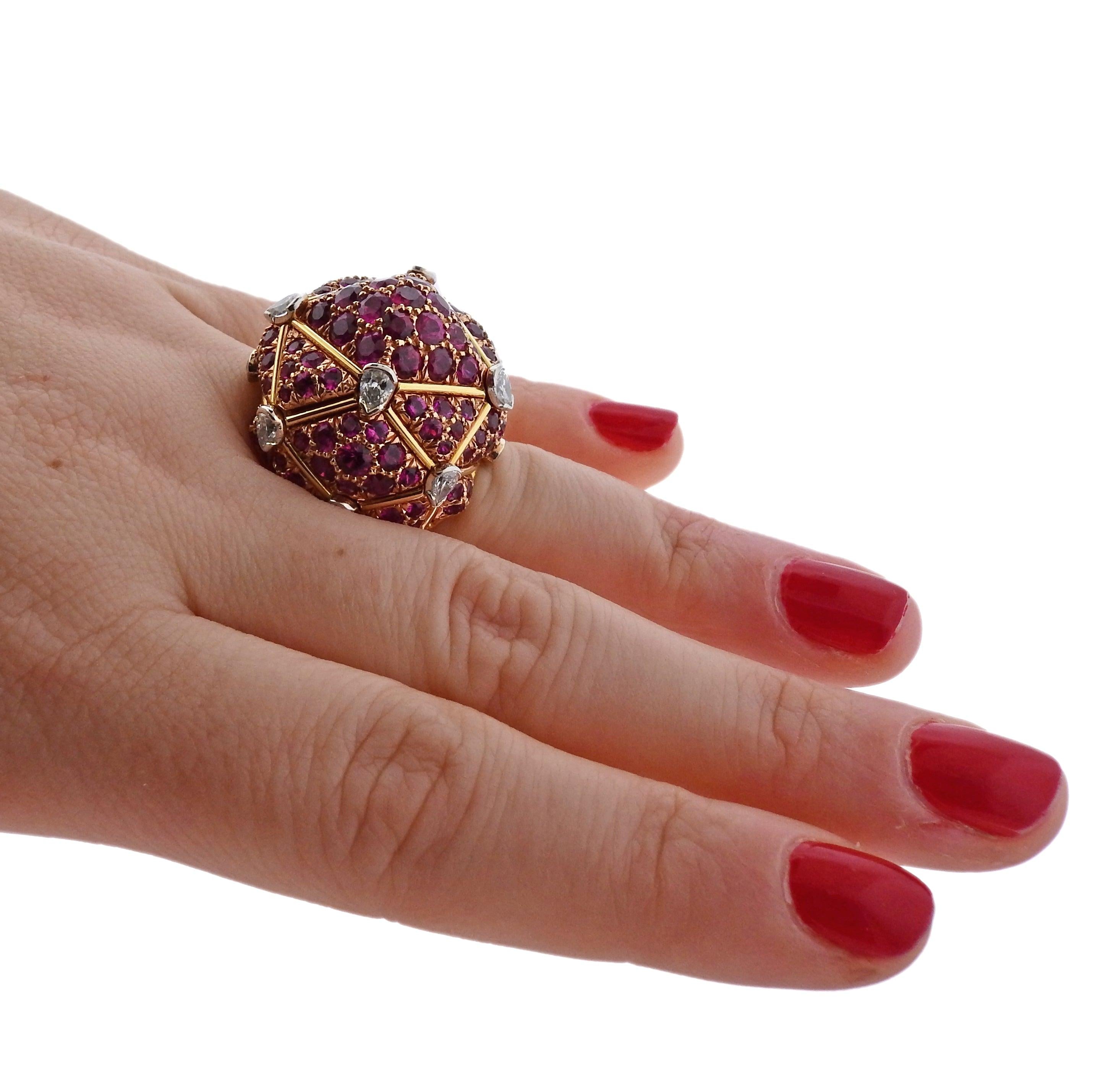 David Webb Geodesic Diamond Ruby Gold Platinum Dome Ring