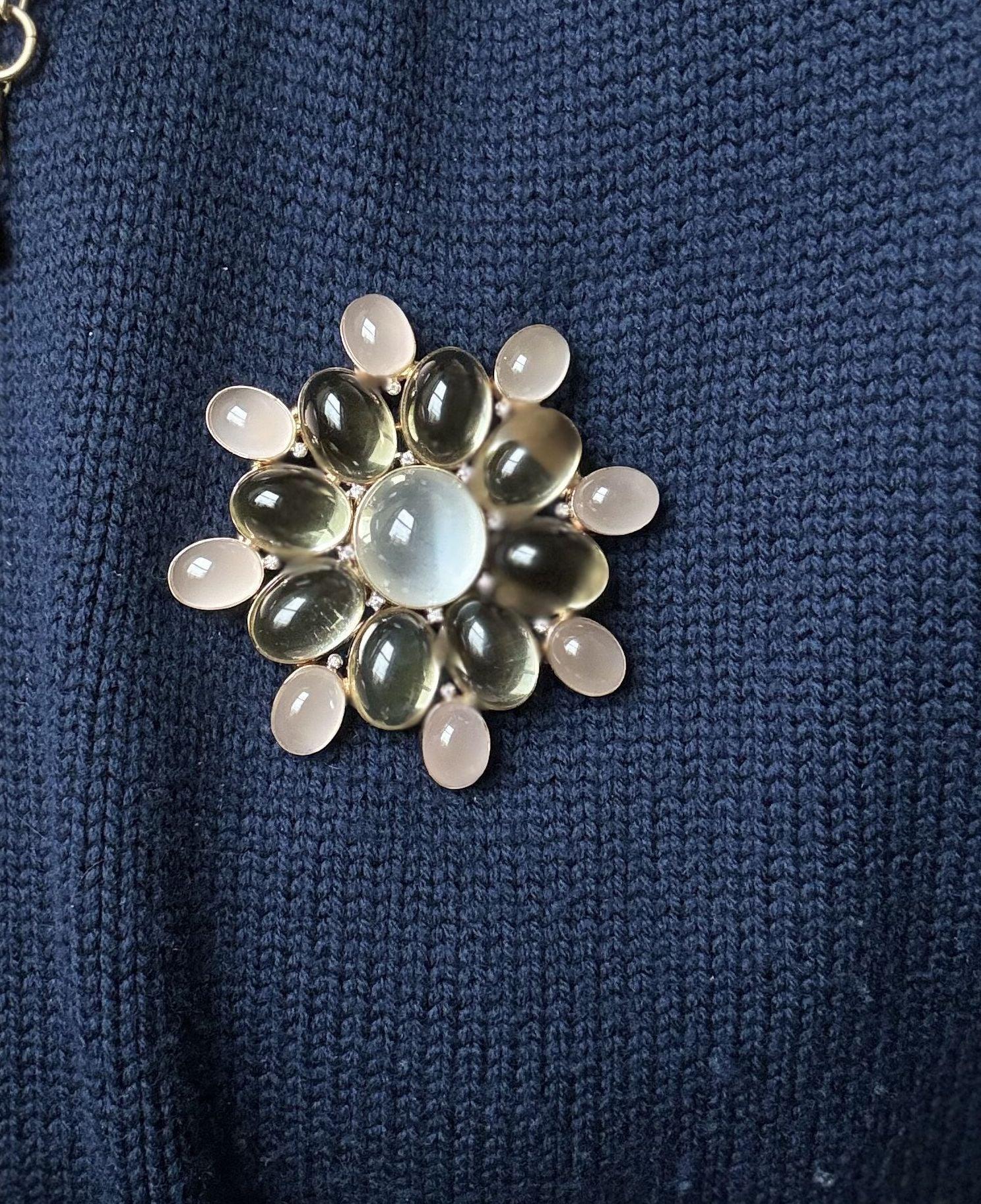 Faraone Mennella Gold Diamond Quartz Cabochon Brooch